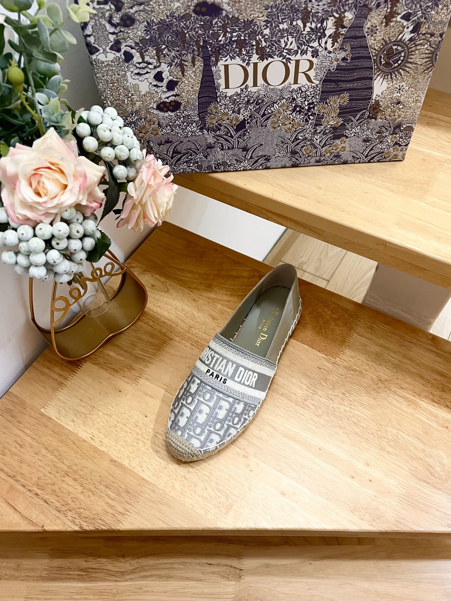 CD Granville Espadrille Grey Beige Oblique Jacquard Fabric And Calfskin