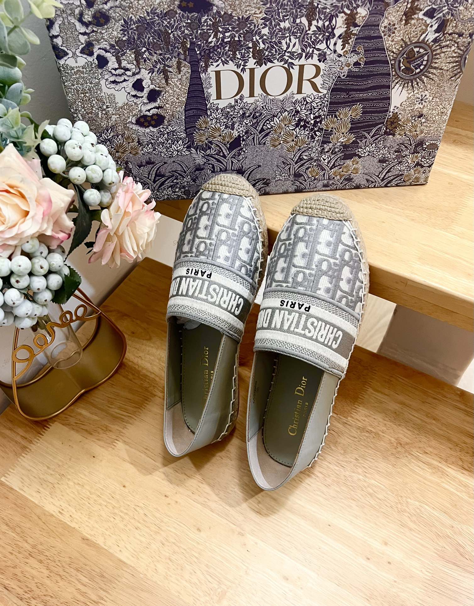 CD Granville Espadrille Grey Beige Oblique Jacquard Fabric And Calfskin