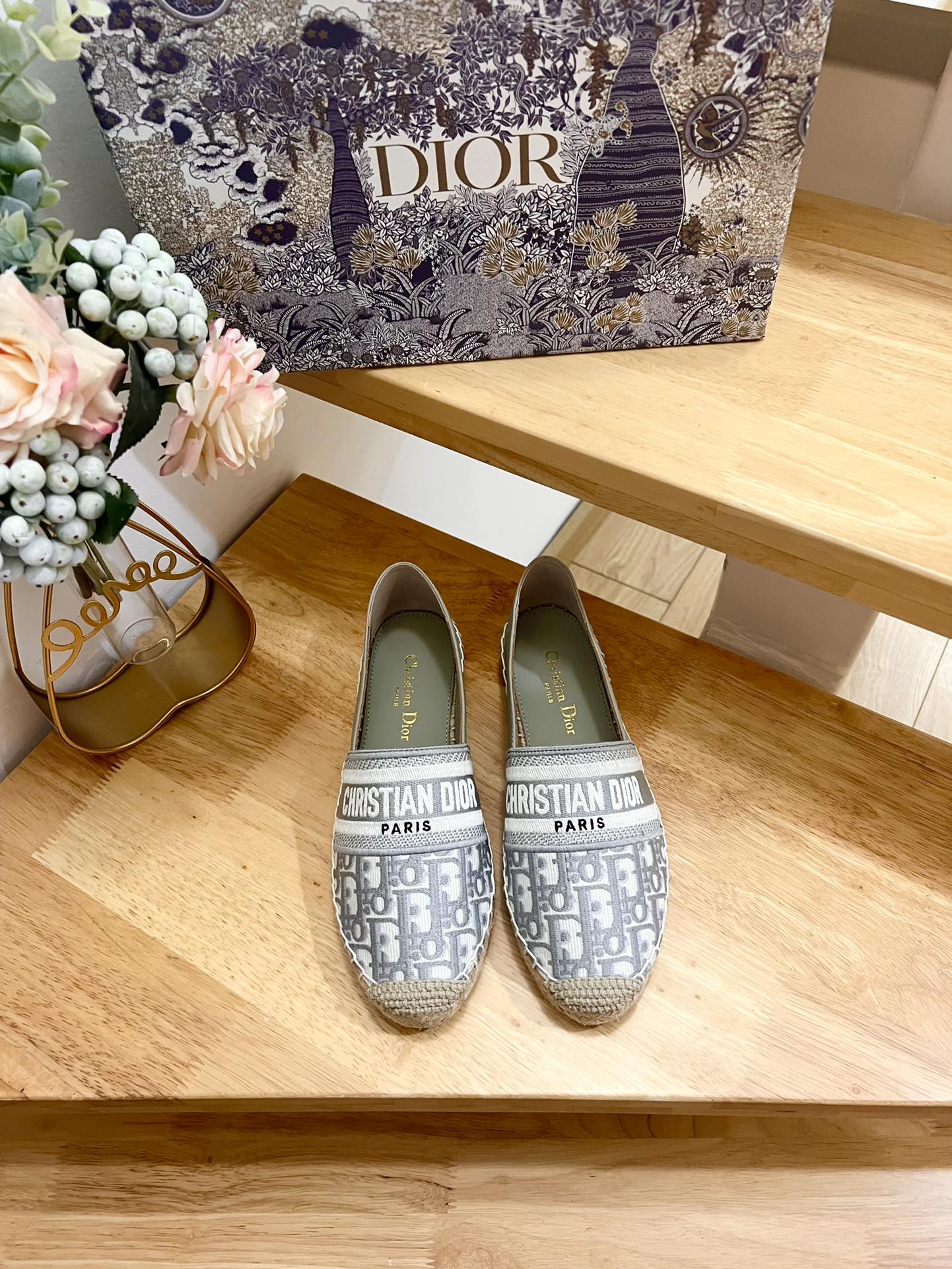 CD Granville Espadrille Grey Beige Oblique Jacquard Fabric And Calfskin