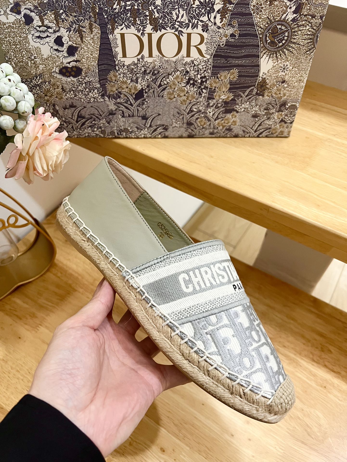 CD Granville Espadrille Grey Beige Oblique Jacquard Fabric And Calfskin