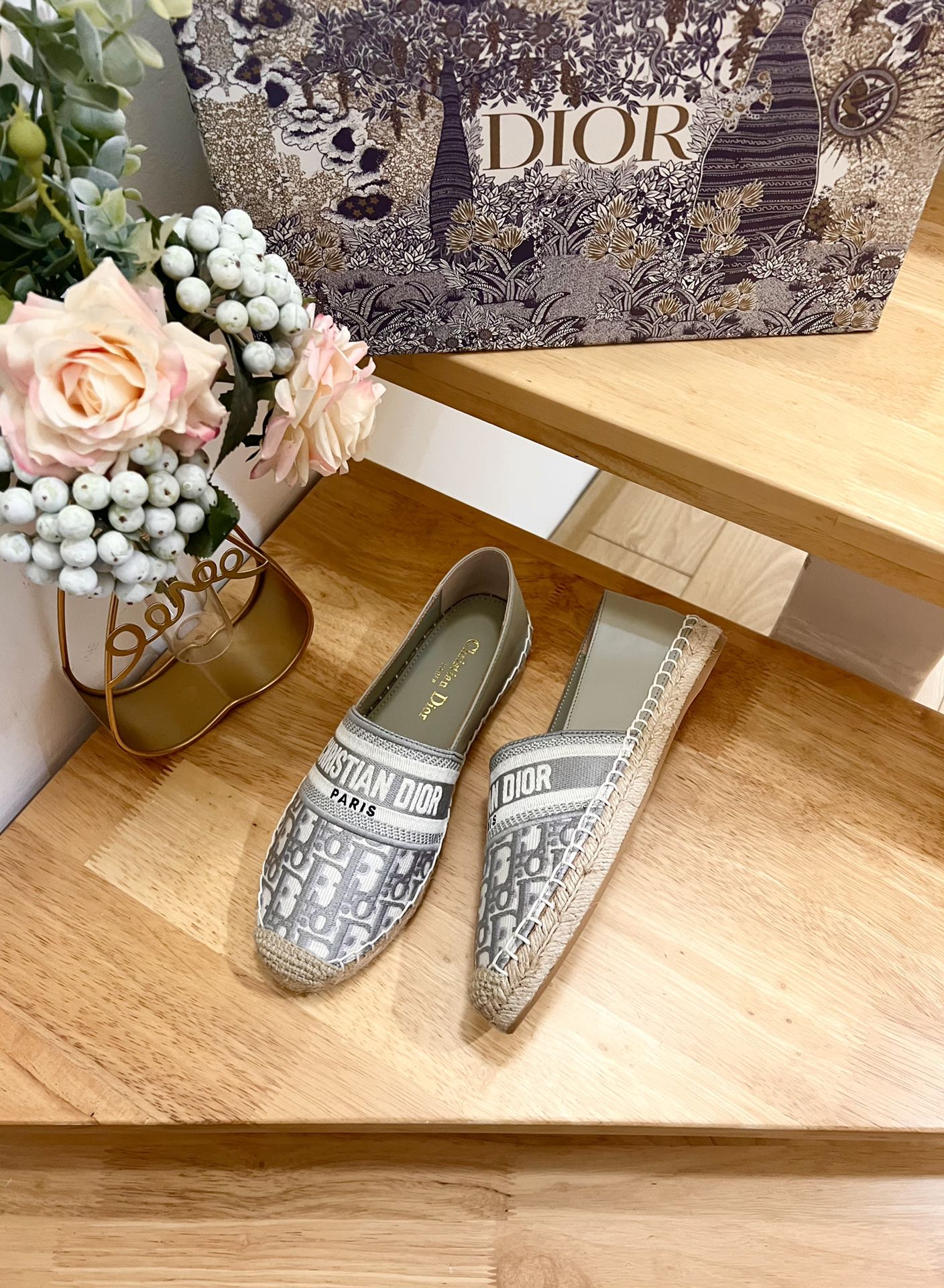 CD Granville Espadrille Grey Beige Oblique Jacquard Fabric And Calfskin