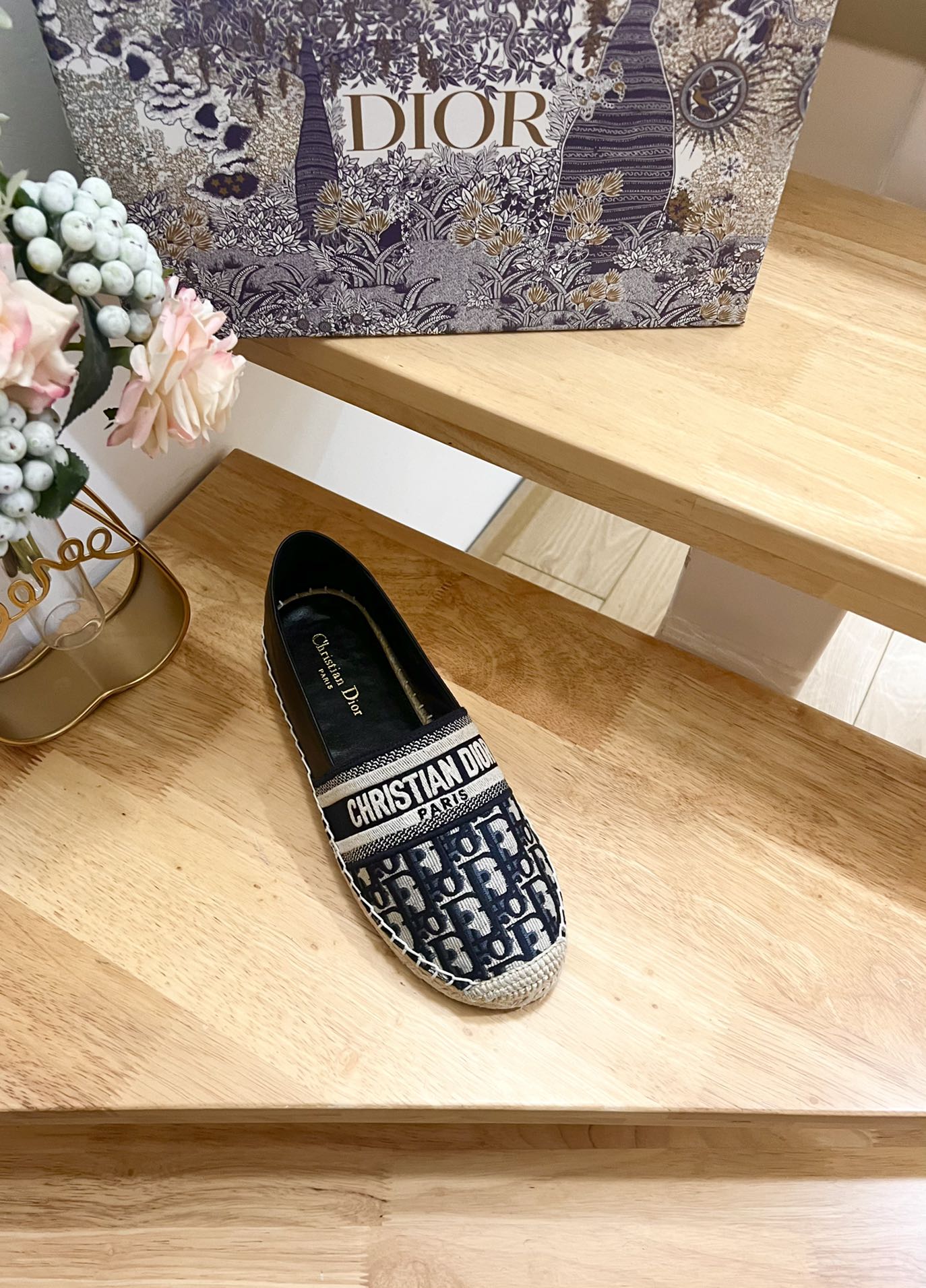 CD Granville Espadrille Charcoal Blue Black Oblique Jacquard Fabric And Calfskin