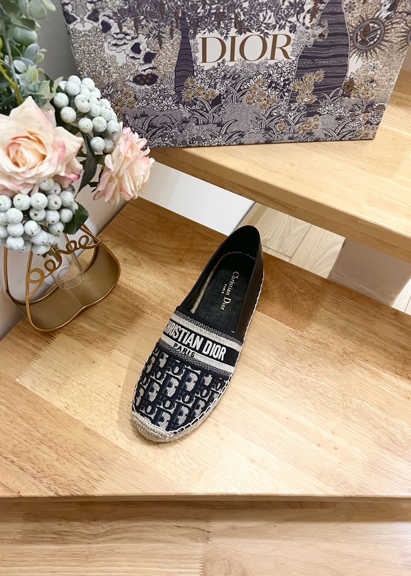 CD Granville Espadrille Charcoal Blue Black Oblique Jacquard Fabric And Calfskin