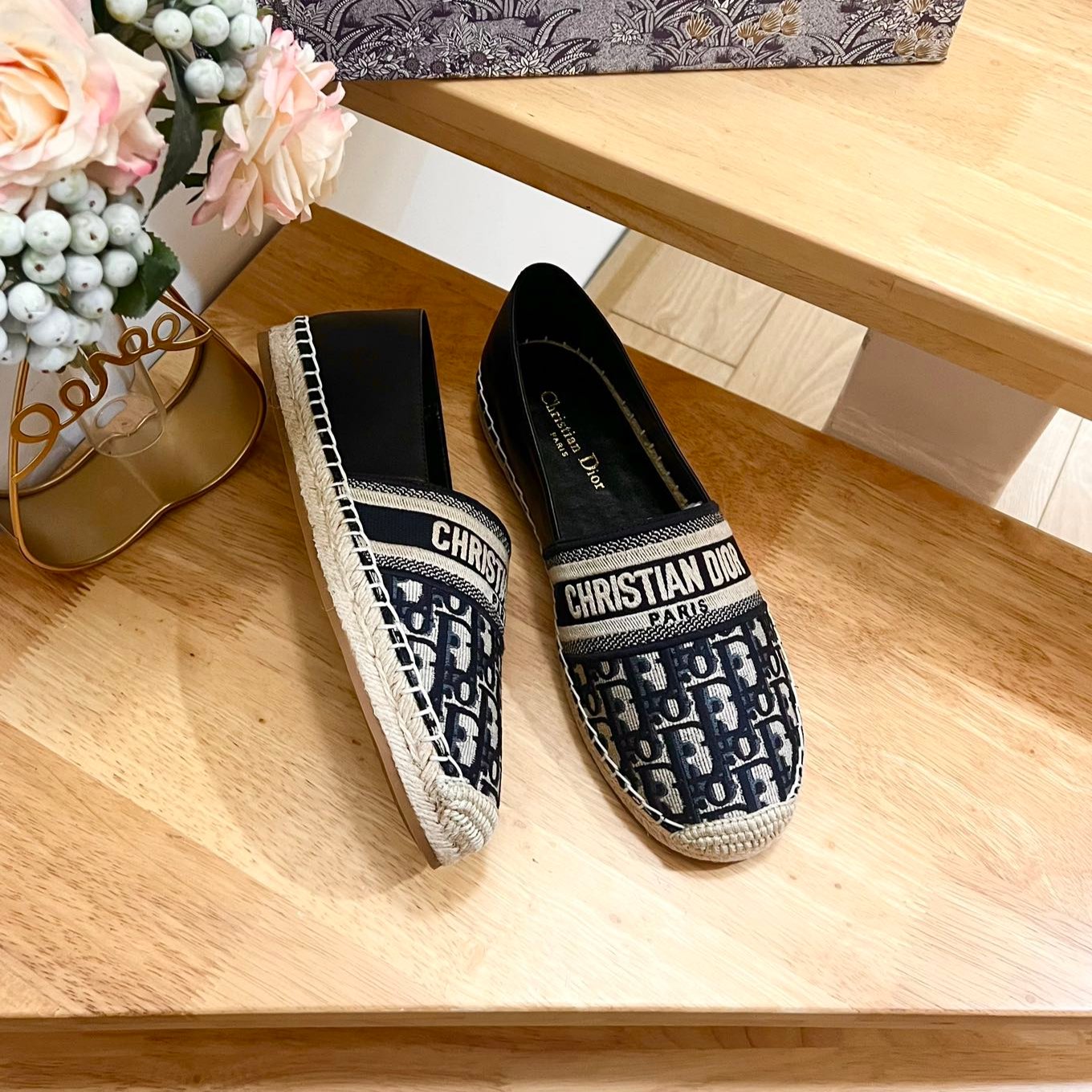 CD Granville Espadrille Charcoal Blue Black Oblique Jacquard Fabric And Calfskin