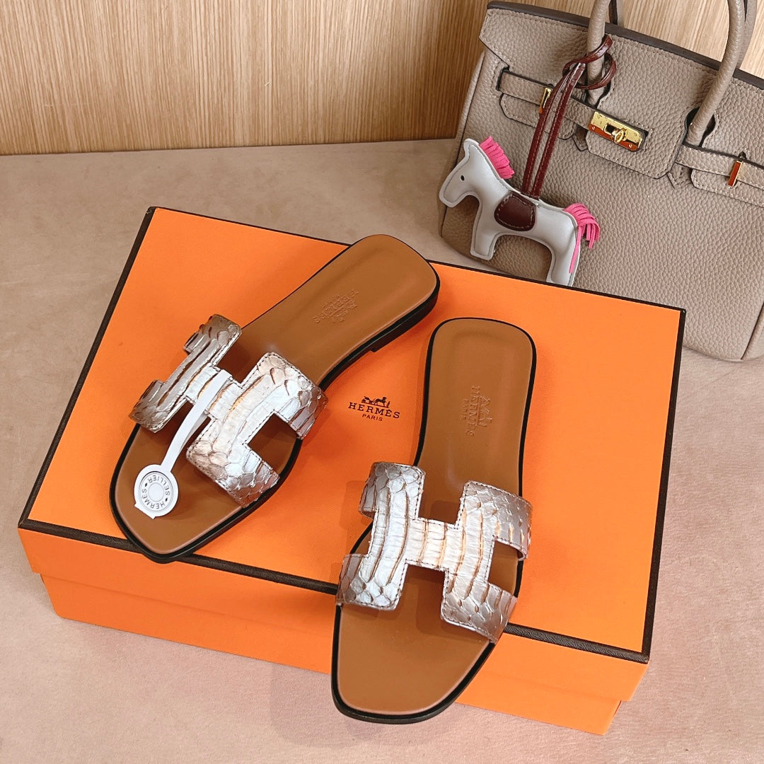 HM Oran Sandals Brown Sliver Calfskin 312774