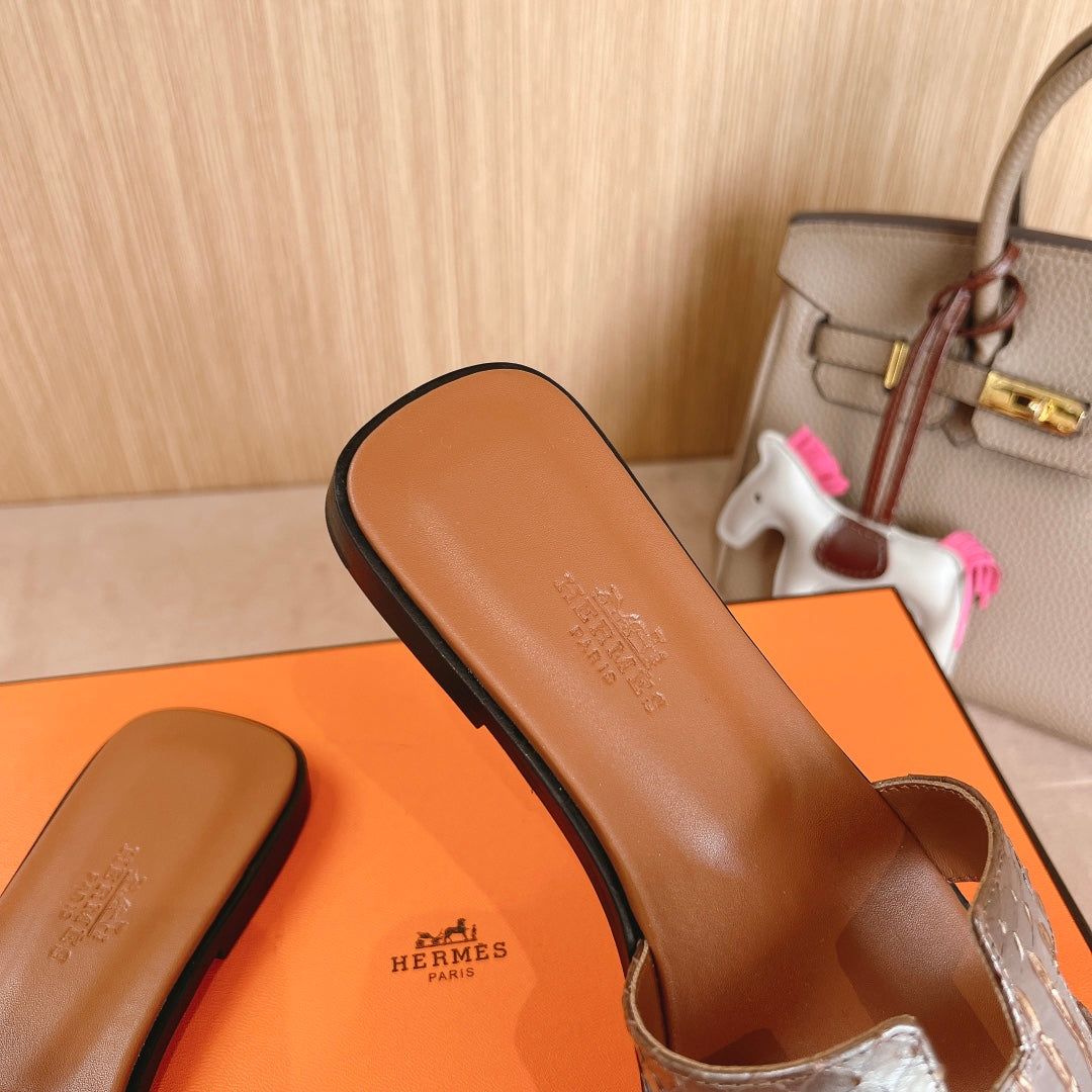 HM Oran Sandals Brown Sliver Calfskin 312774