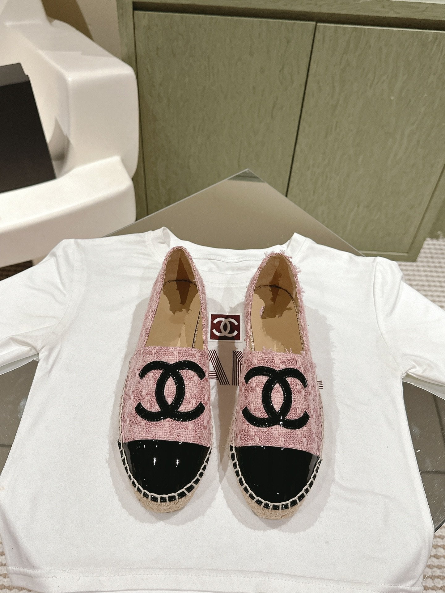 espadrilles pink tweed black patent calfskin