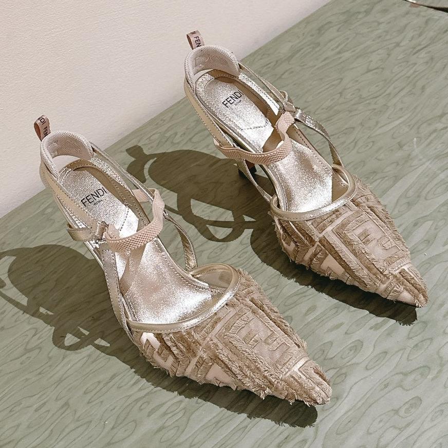 FENDI COLIBRÃŒ HIGH-HEELED SLINGBACKS 75MM IN LIGHT GOLD FABRIC