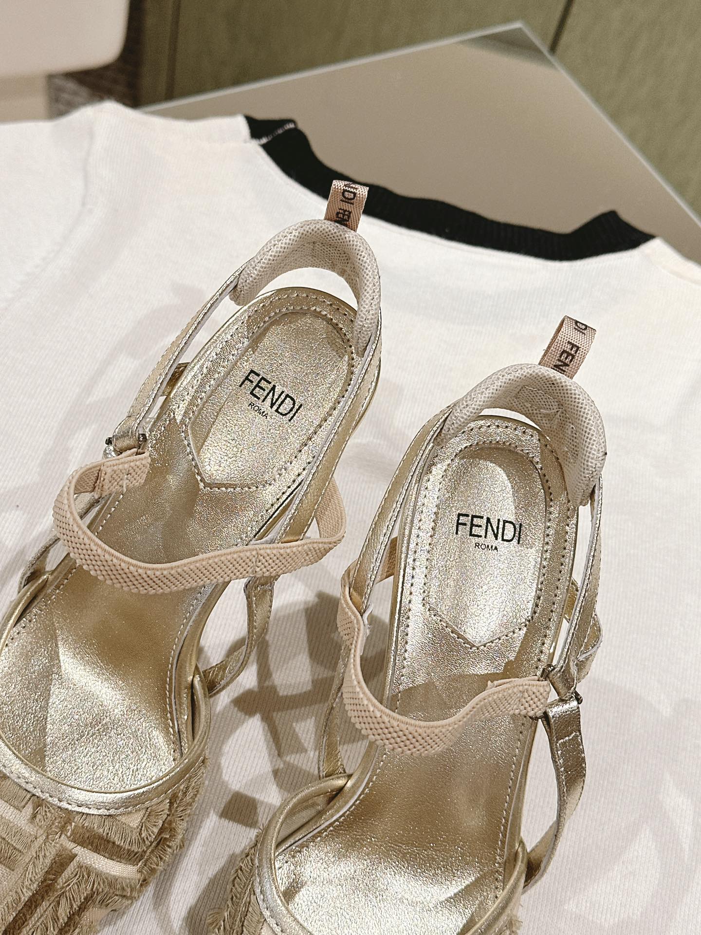 FENDI COLIBRÃŒ HIGH-HEELED SLINGBACKS 75MM IN LIGHT GOLD FABRIC
