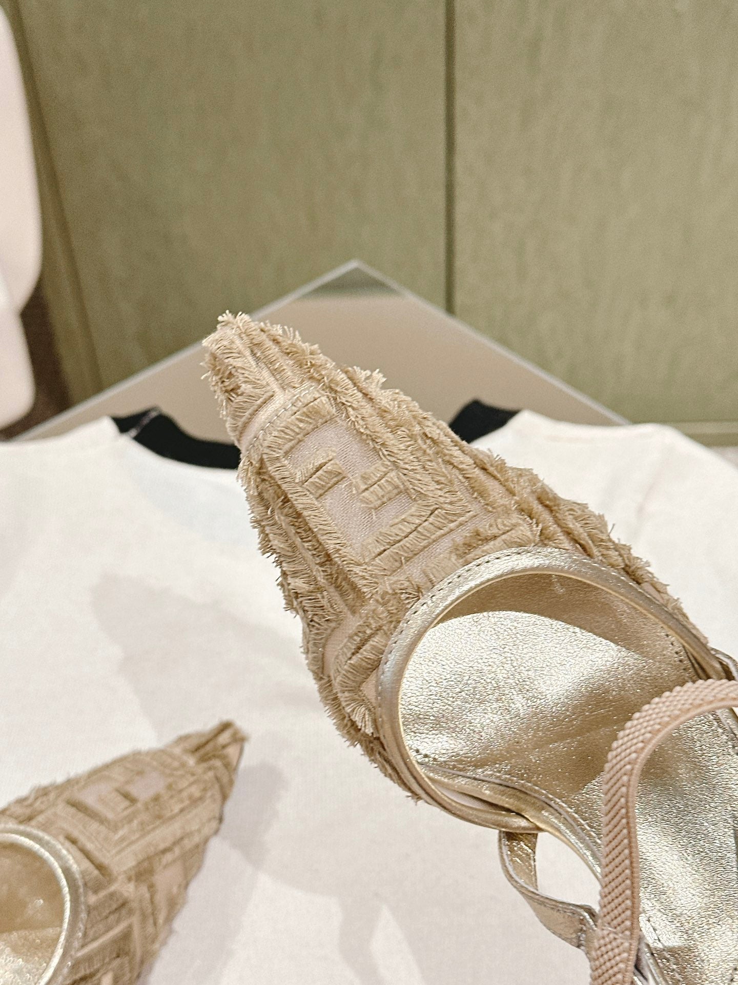 FENDI COLIBRÃŒ HIGH-HEELED SLINGBACKS 75MM IN LIGHT GOLD FABRIC