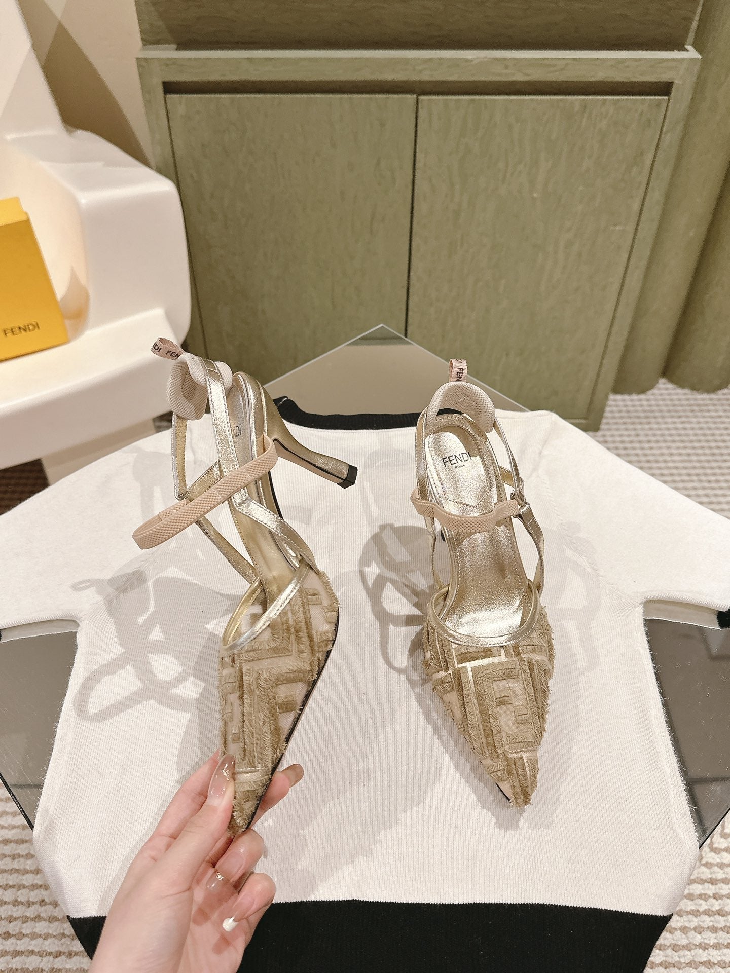 FENDI COLIBRÃŒ HIGH-HEELED SLINGBACKS 75MM IN LIGHT GOLD FABRIC