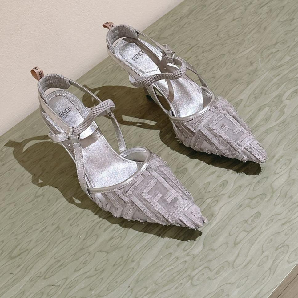 FENDI COLIBRÃŒ HIGH-HEELED SLINGBACKS 75MM IN LIGHT GREY FABRIC