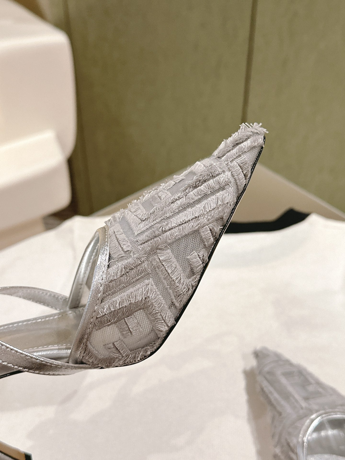 FENDI COLIBRÃŒ HIGH-HEELED SLINGBACKS 75MM IN LIGHT GREY FABRIC