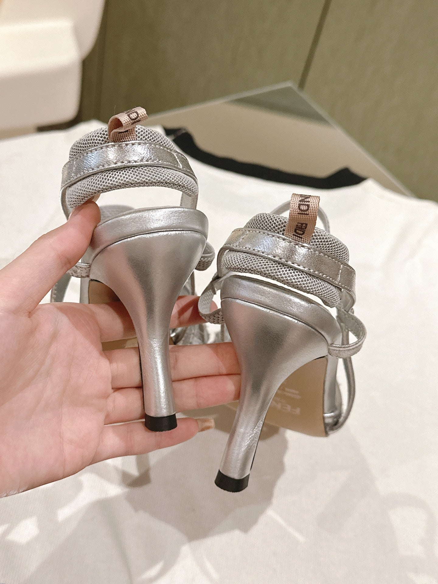 FENDI COLIBRÃŒ HIGH-HEELED SLINGBACKS 75MM IN LIGHT GREY FABRIC