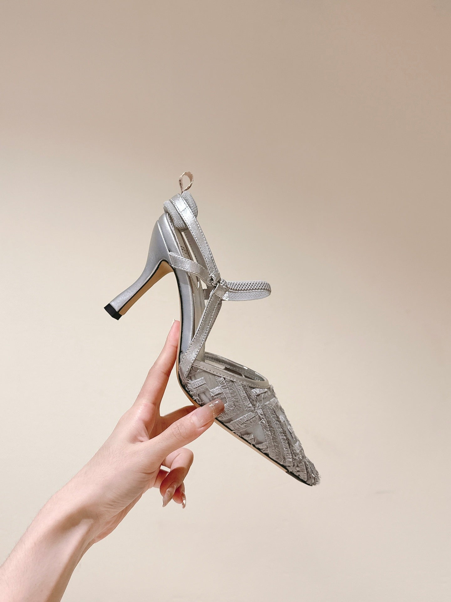 FENDI COLIBRÃŒ HIGH-HEELED SLINGBACKS 75MM IN LIGHT GREY FABRIC