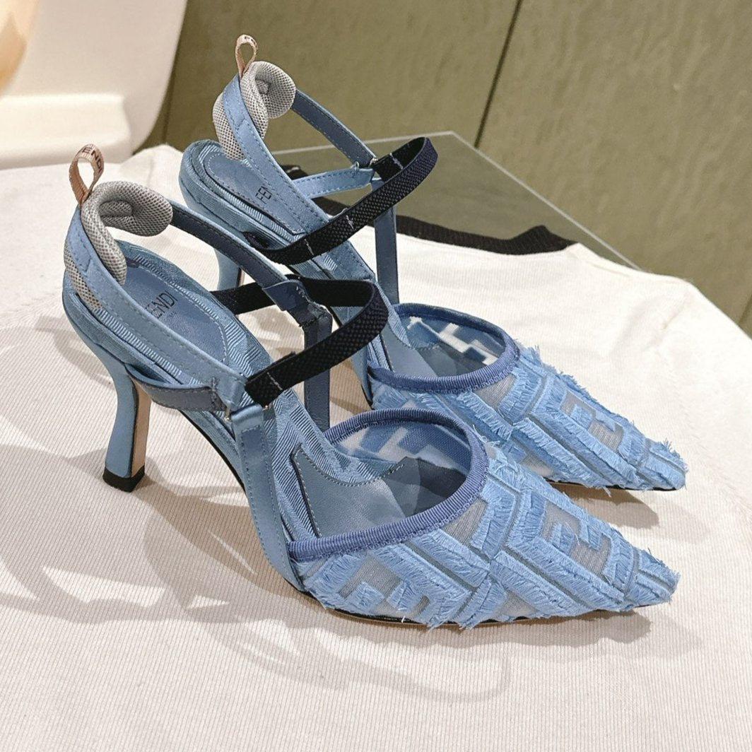 FENDI COLIBRÃŒ HIGH-HEELED SLINGBACKS 75MM IN SKY BLUE FABRIC