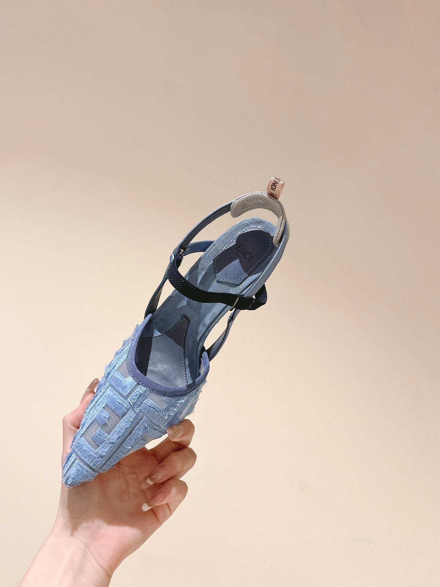 FENDI COLIBRÃŒ HIGH-HEELED SLINGBACKS 75MM IN SKY BLUE FABRIC