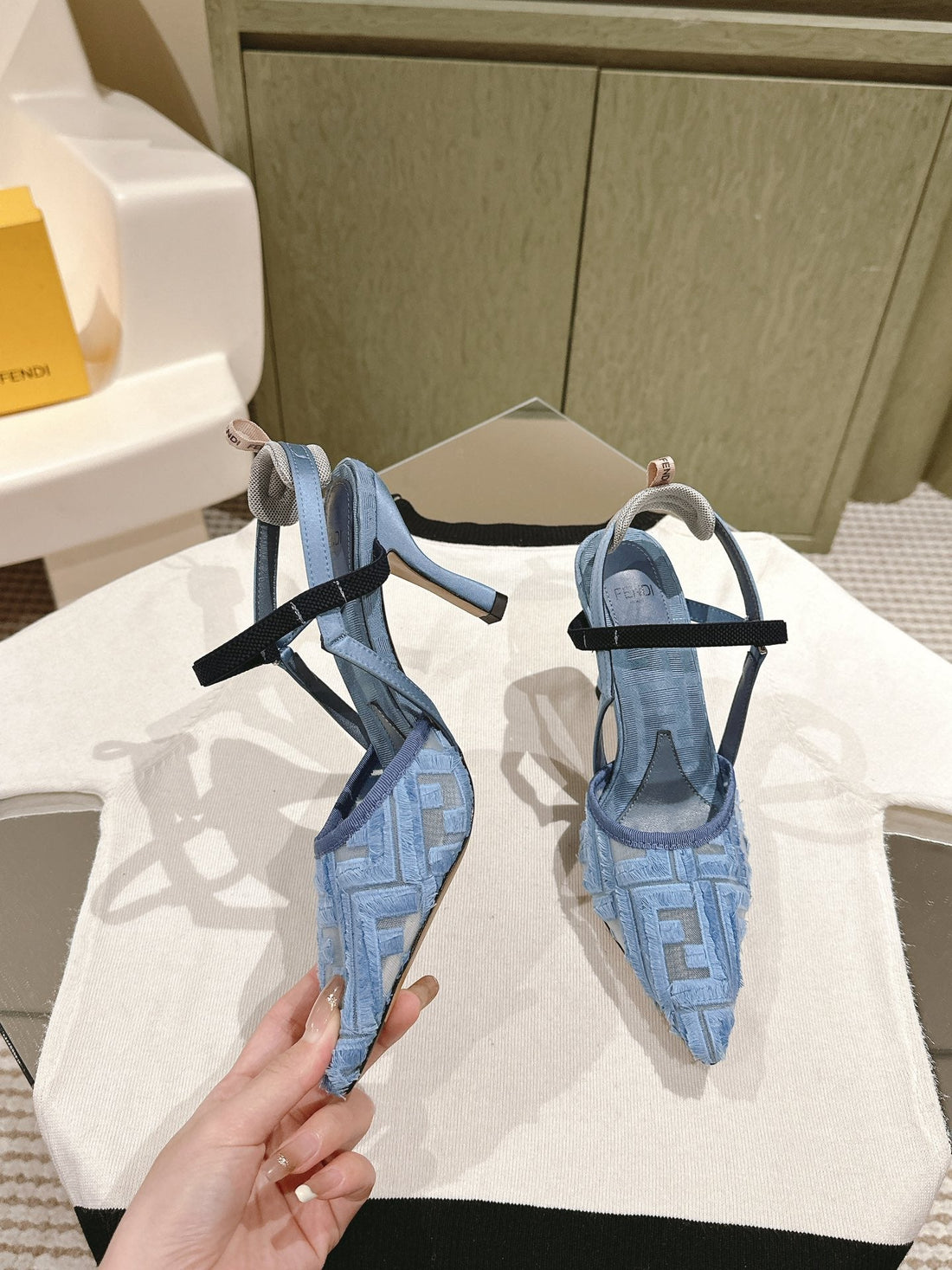 FENDI COLIBRÃŒ HIGH-HEELED SLINGBACKS 75MM IN SKY BLUE FABRIC