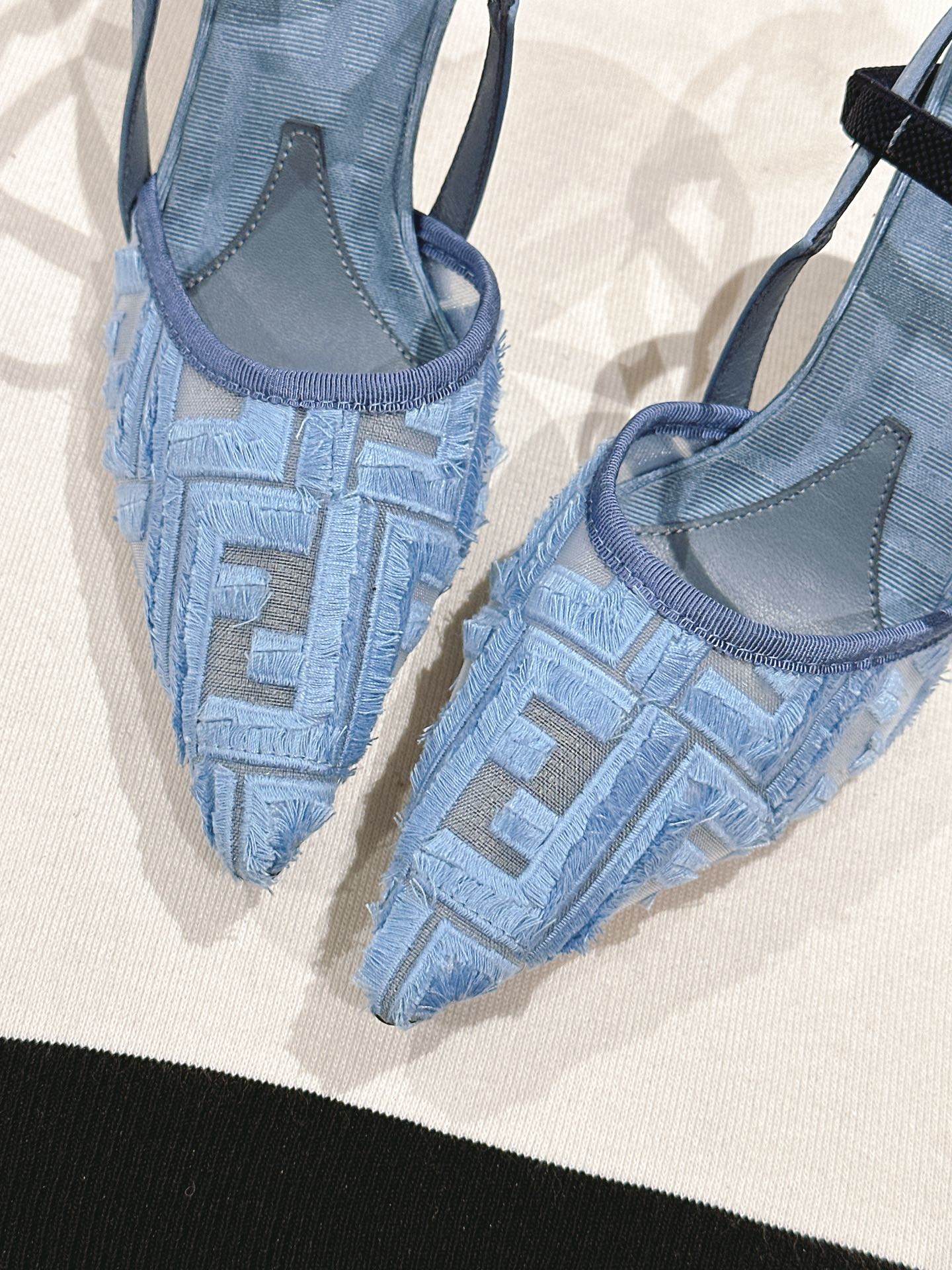 FENDI COLIBRÃŒ HIGH-HEELED SLINGBACKS 75MM IN SKY BLUE FABRIC