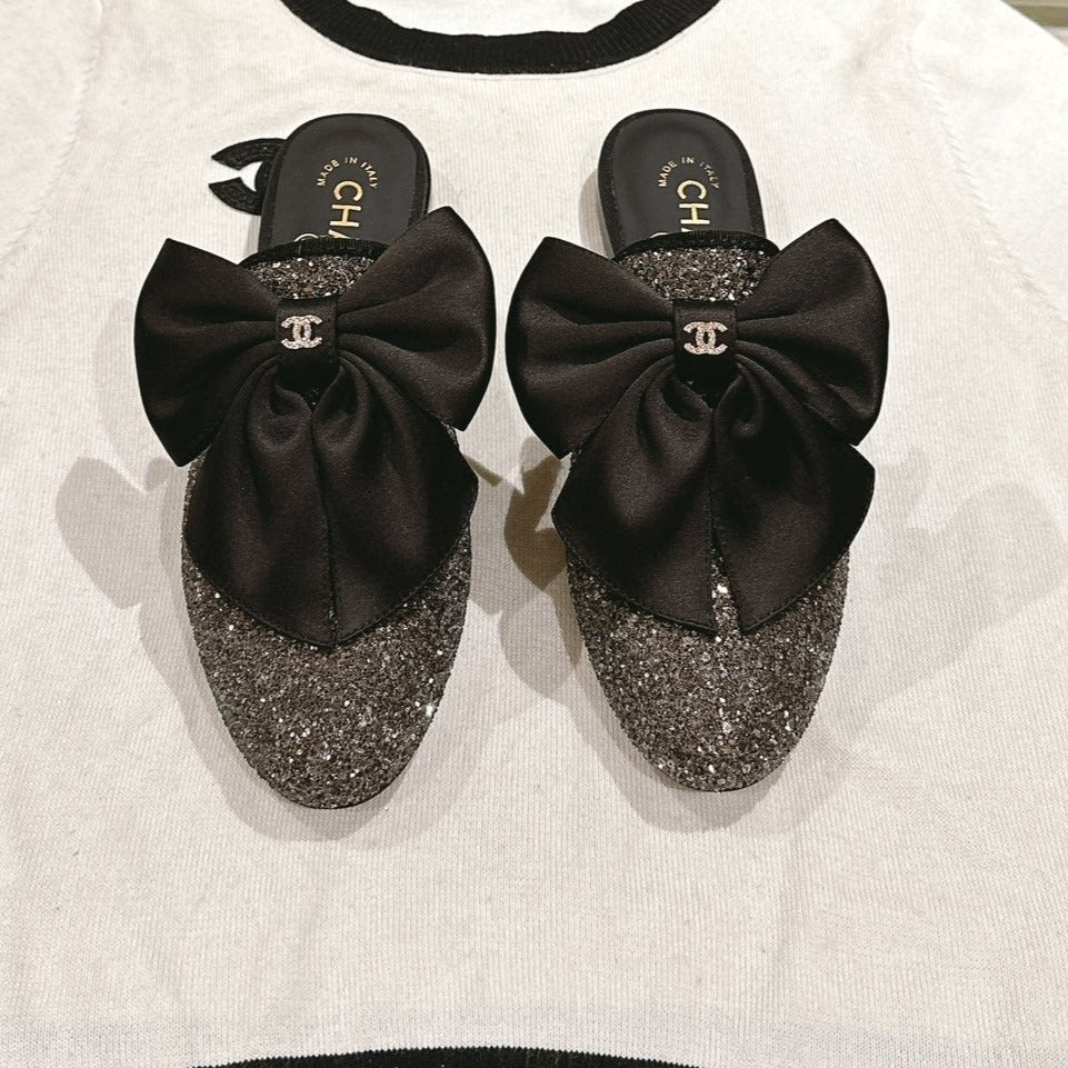 CC JEWELED MULE WITH SILK BOW AND BLACK LAMBSKIN