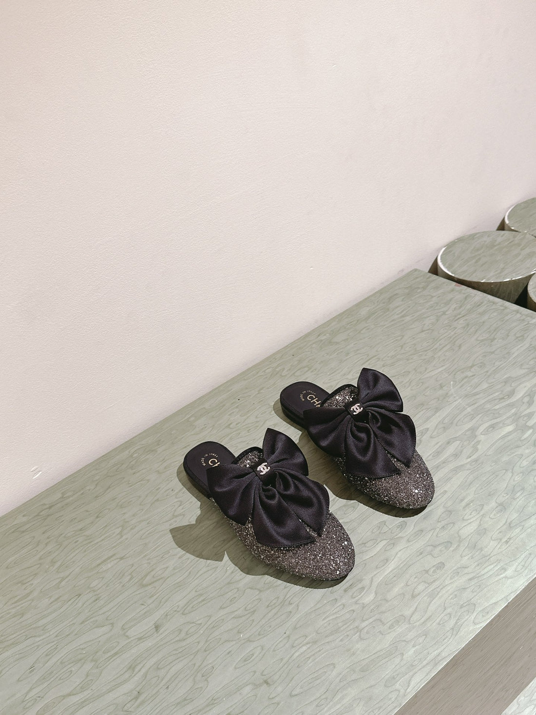 CC JEWELED MULE WITH SILK BOW AND BLACK LAMBSKIN