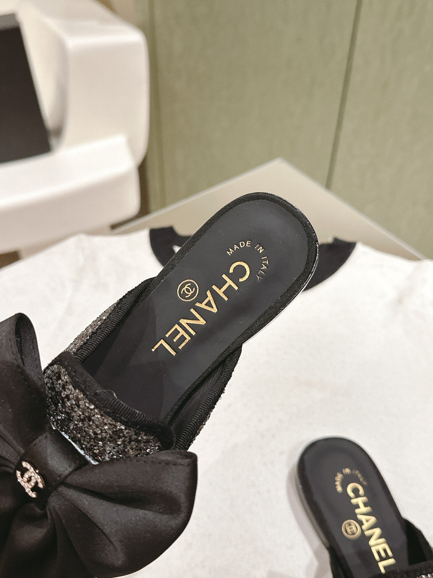CC JEWELED MULE WITH SILK BOW AND BLACK LAMBSKIN