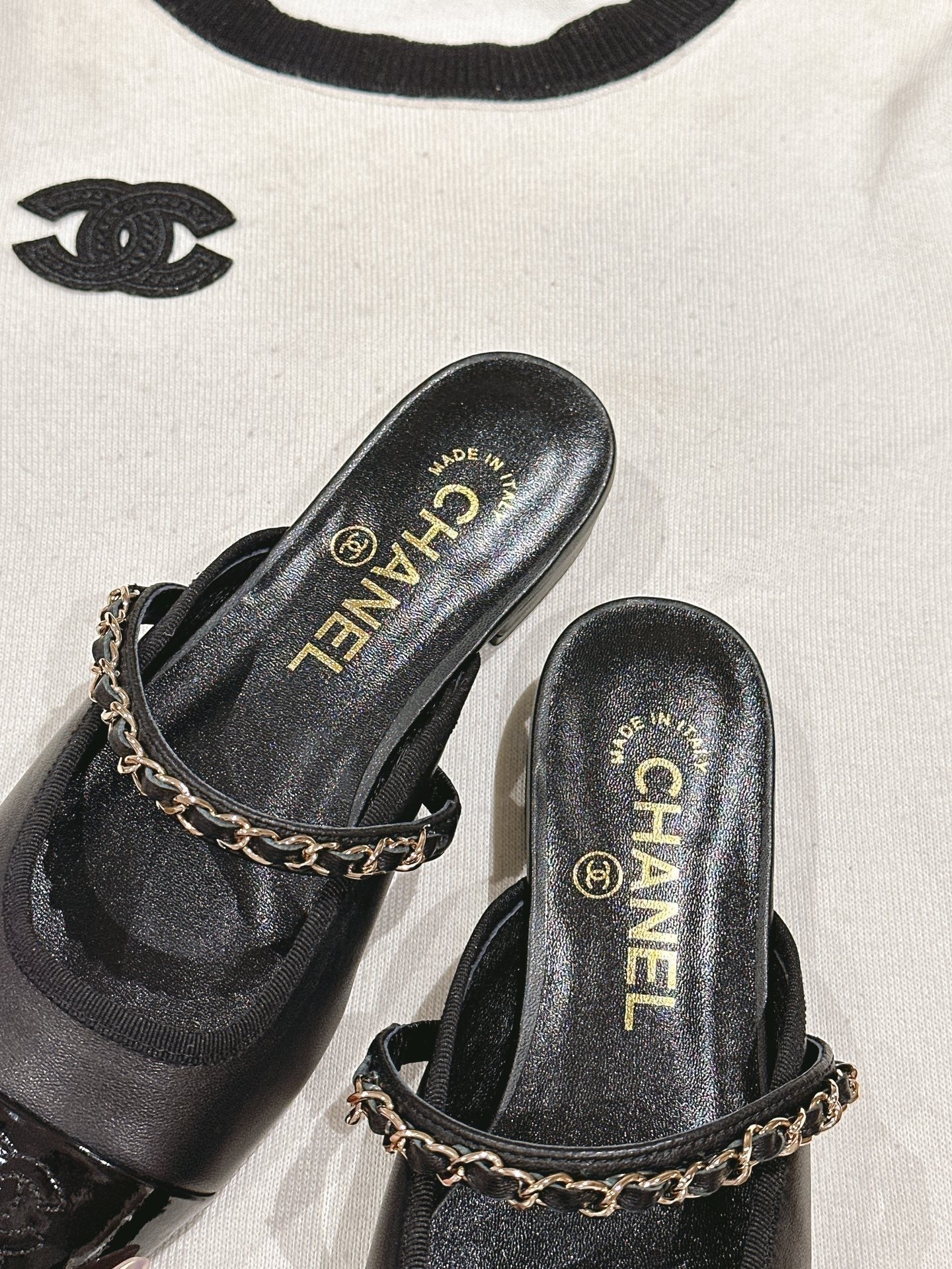 cc mule leather chain black calfskin patent calfskin