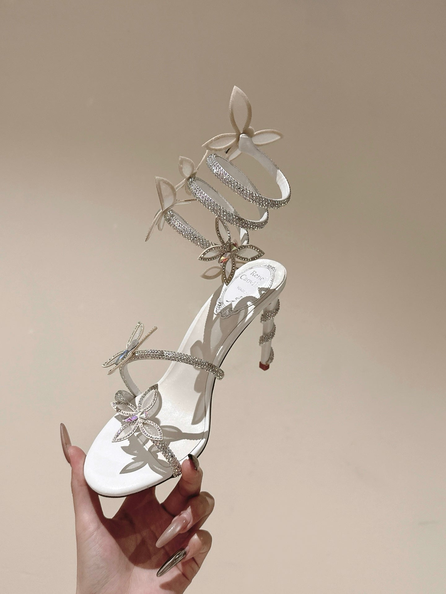 RC 25 Butterfly High-Heeled Sandals White Silk Rhinestones