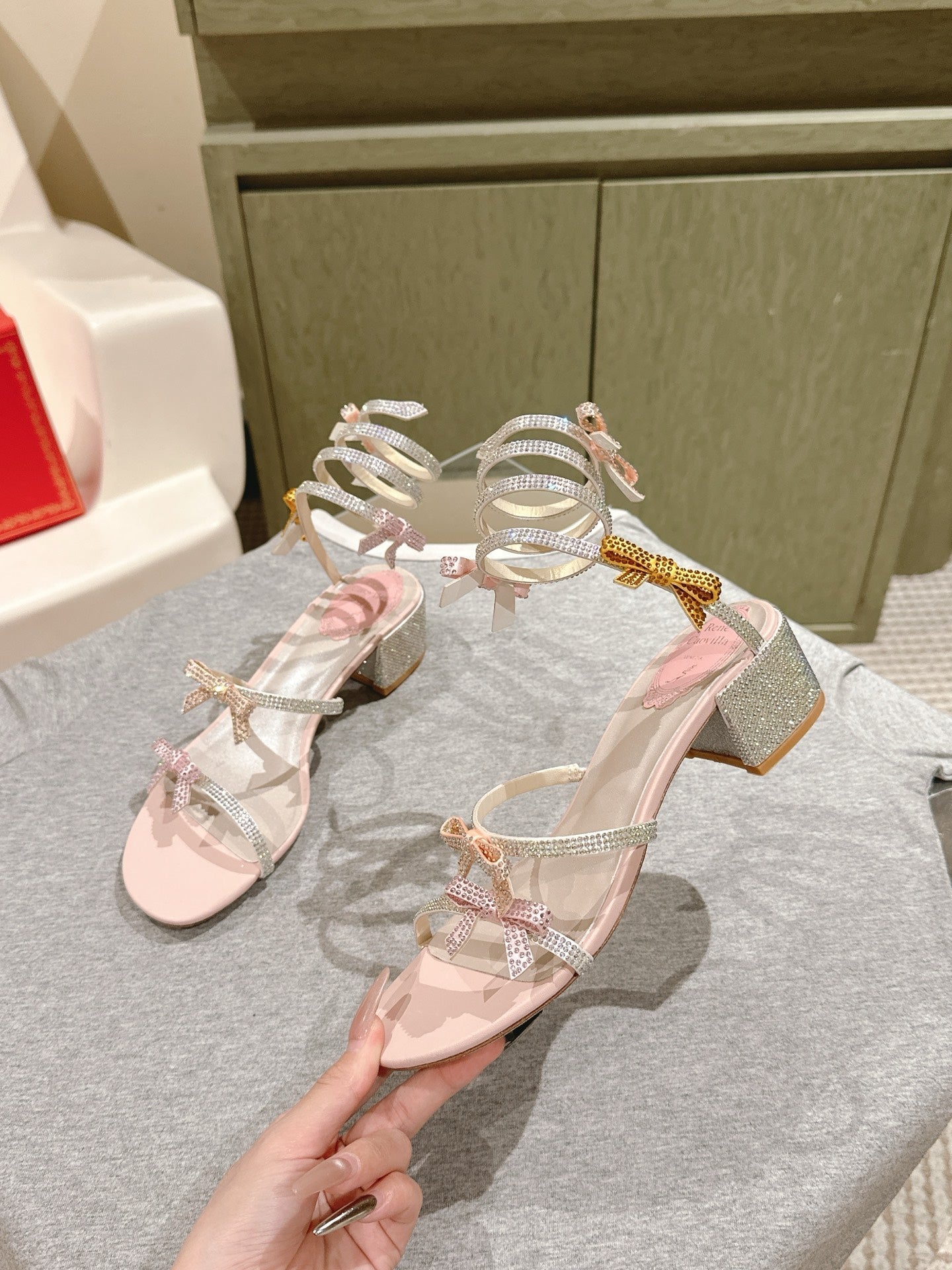 RC 25 Snake-Shaped Add Bow High Heeled Pink Silk Rhinestones 268070