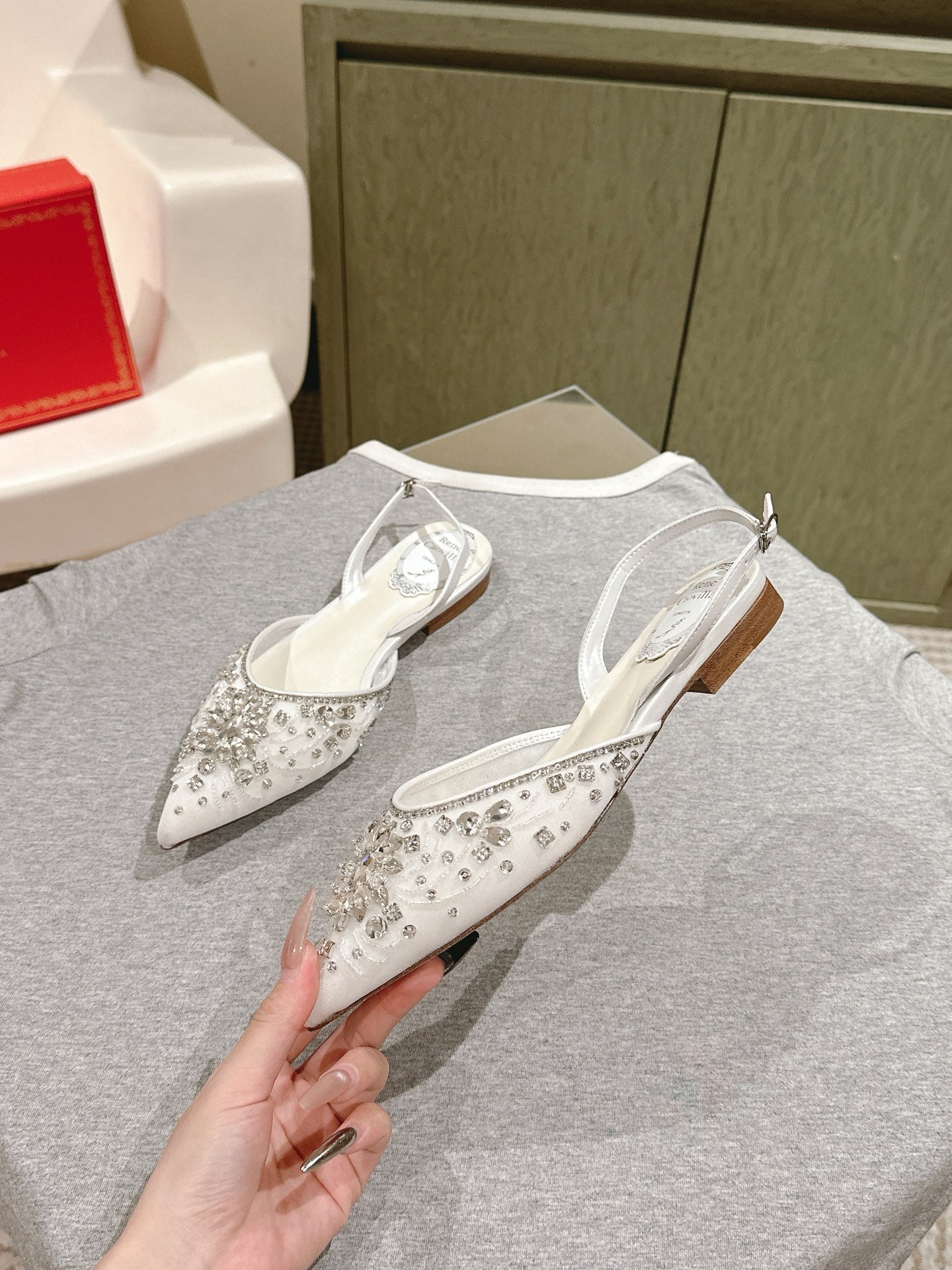 RC 25C Slingback Flat Shoe White Silk Rhinestones 268075