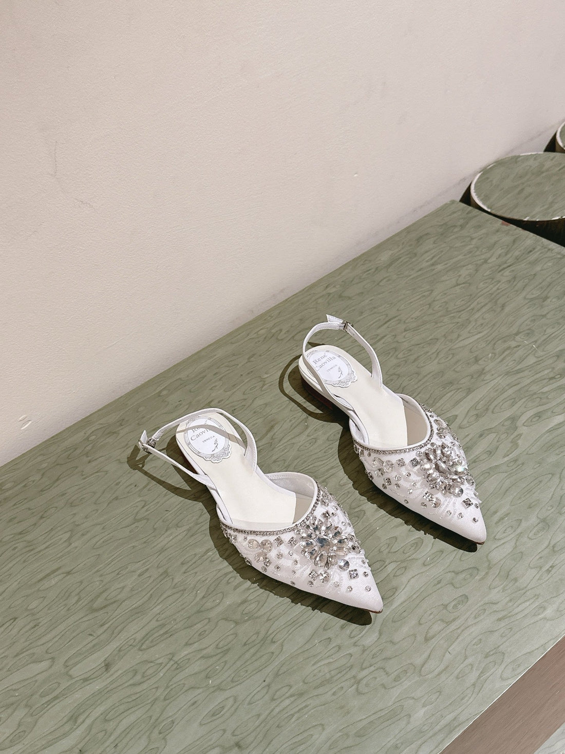 RC 25C Slingback Flat Shoe White Silk Rhinestones 268075