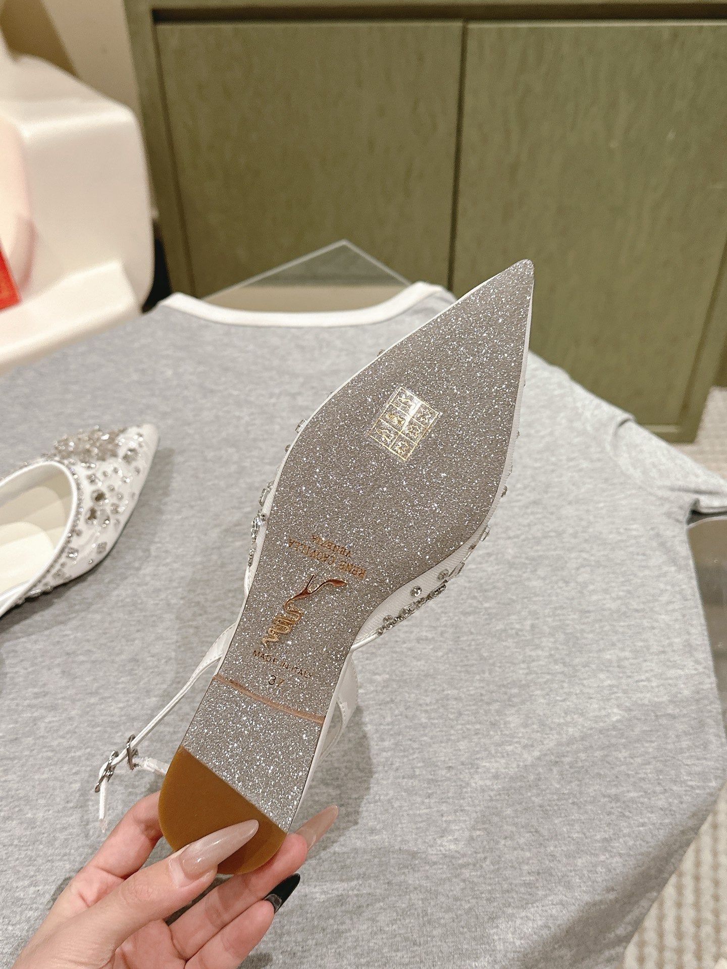 RC 25C Slingback Flat Shoe White Silk Rhinestones 268075