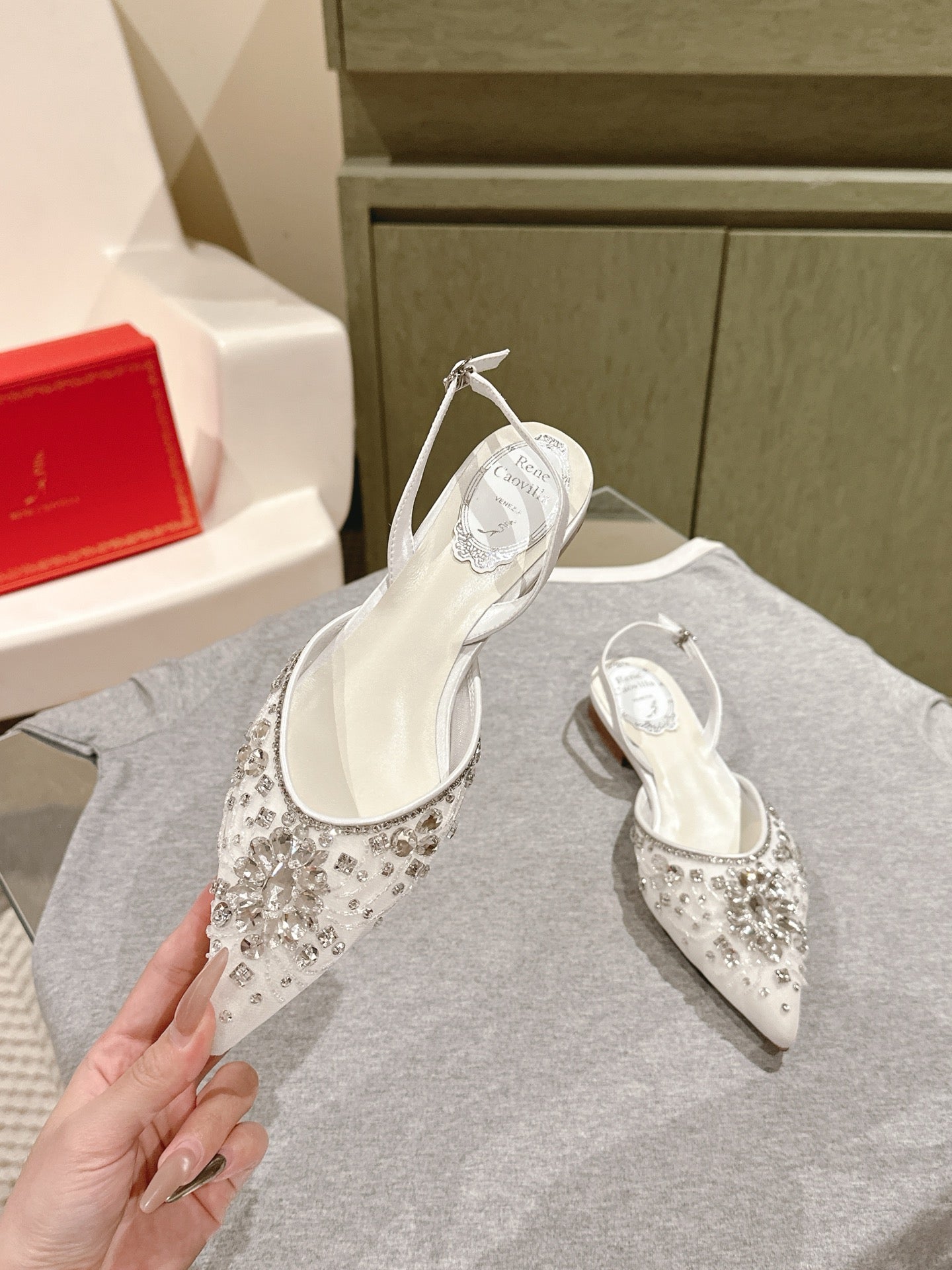 RC 25C Slingback Flat Shoe White Silk Rhinestones 268075
