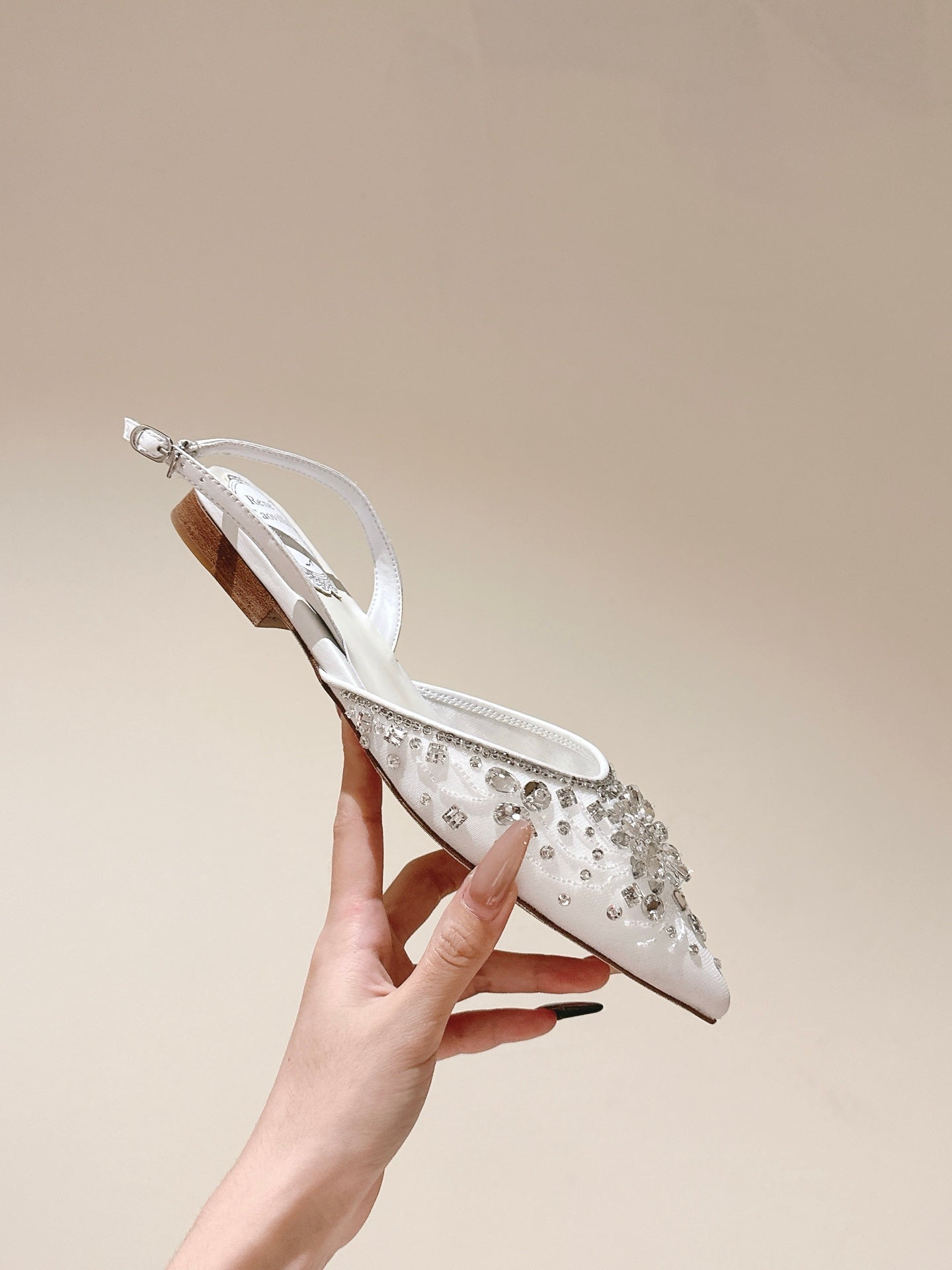 RC 25C Slingback Flat Shoe White Silk Rhinestones 268075
