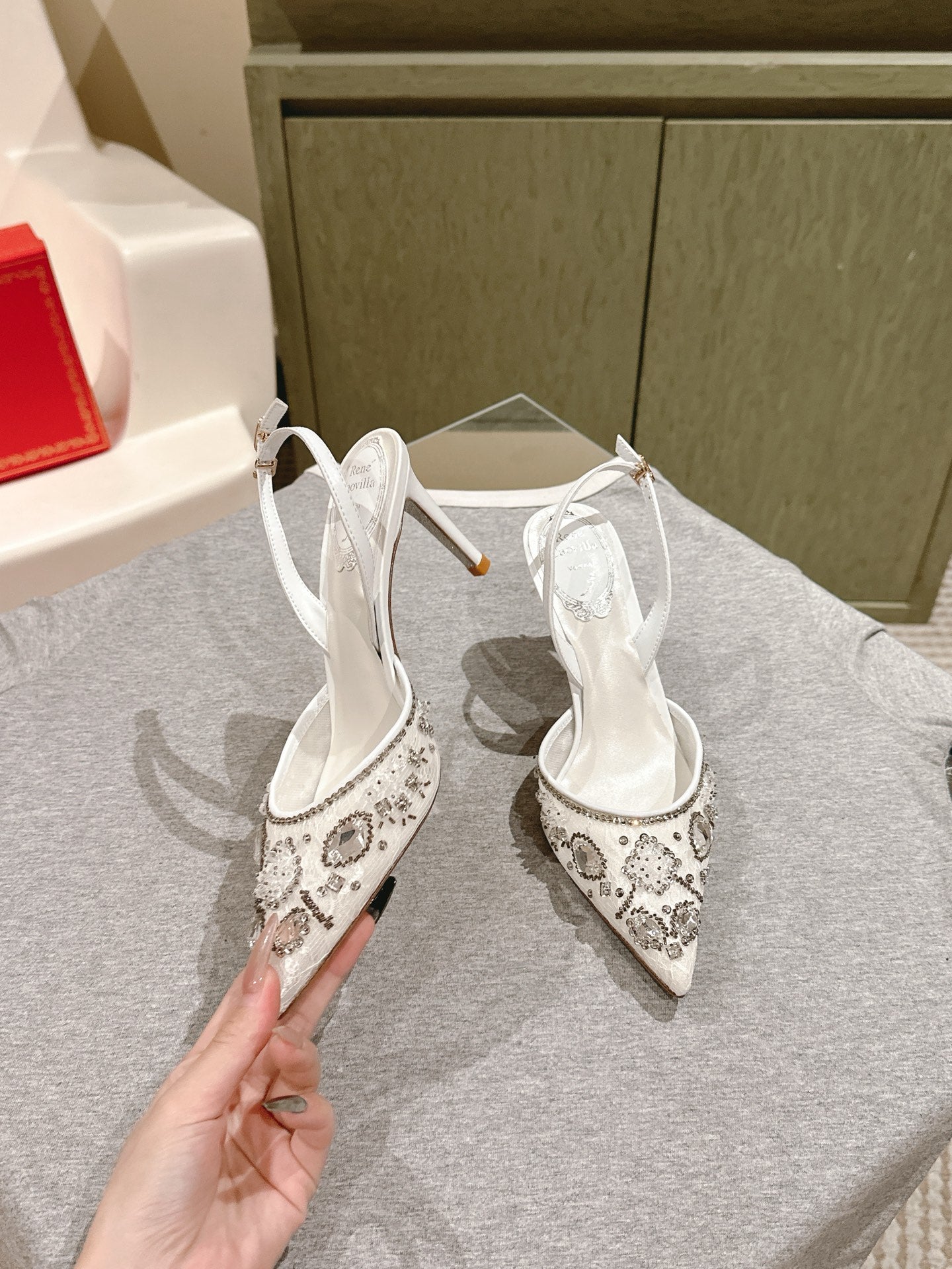 RC 25C Slingback Diamond High Heel 8cm White Silk Rhinestones 268078