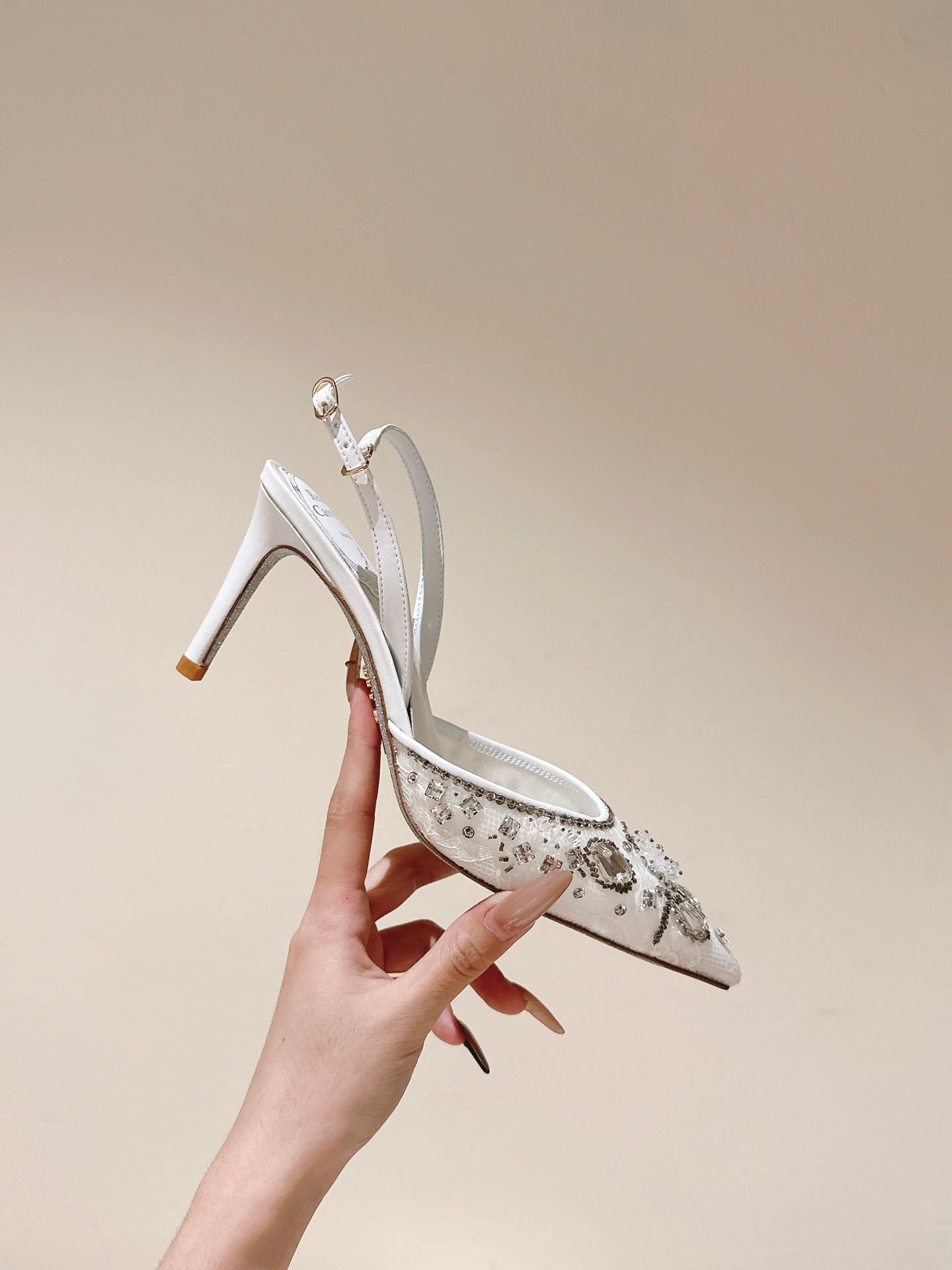 RC 25C Slingback Diamond High Heel 8cm White Silk Rhinestones 268078