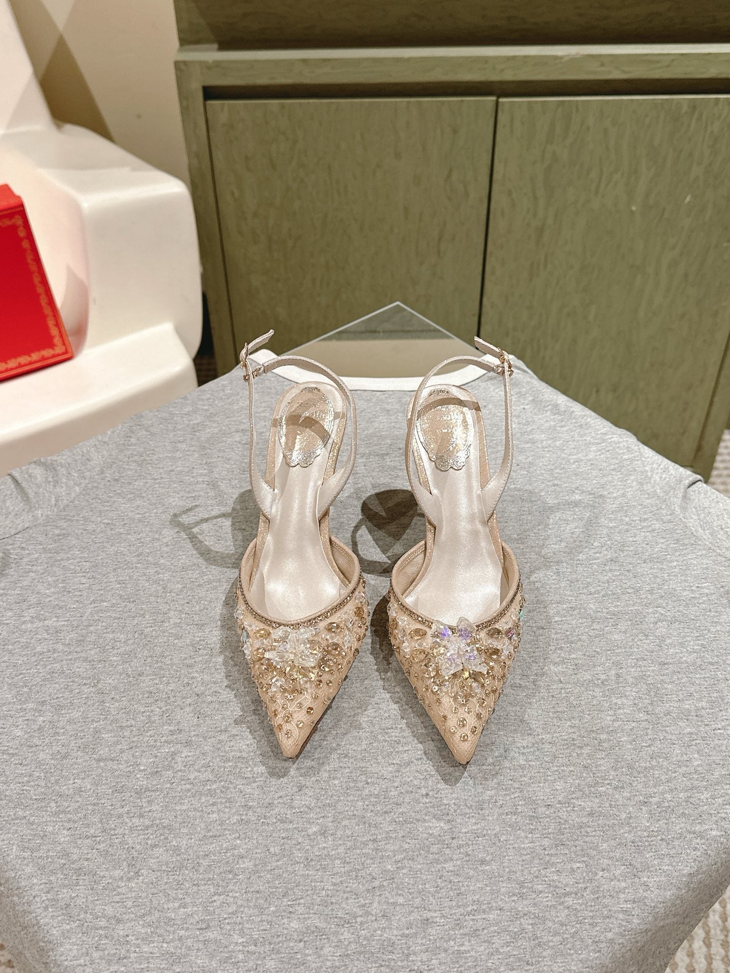 RC 25C Slingback Diamond High Heel 7.5cm Beige Silk Rhinestones 268079