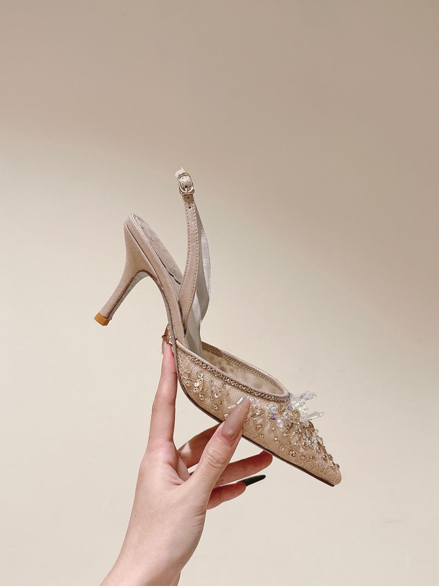 RC 25C Slingback Diamond High Heel 7.5cm Beige Silk Rhinestones 268079