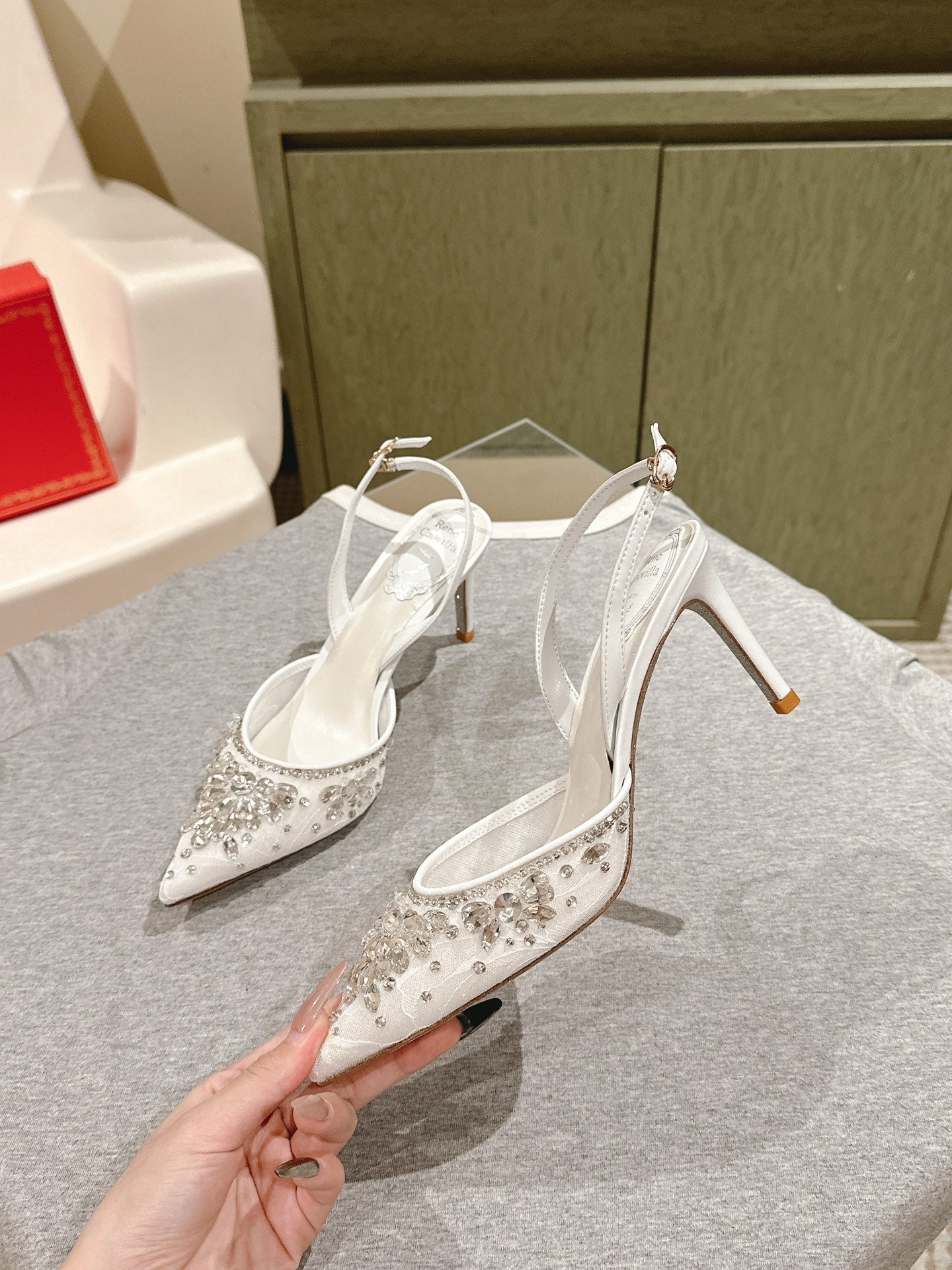 RC 25C Slingback Crystal High Heel 7.5cm White Silk Rhinestones 268080