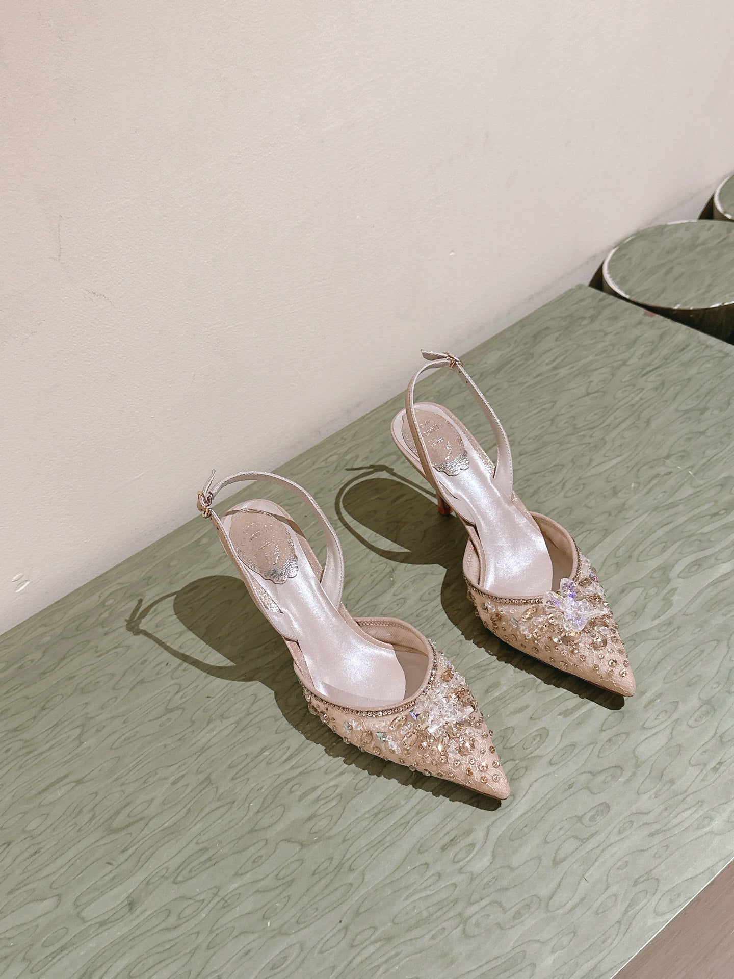 RC 25C Slingback Diamond High Heel 7.5cm Beige Silk Rhinestones 268079