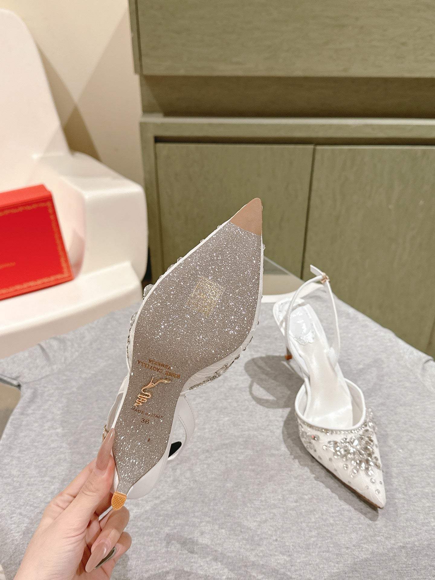 RC 25C Slingback Crystal High Heel 7.5cm White Silk Rhinestones 268080