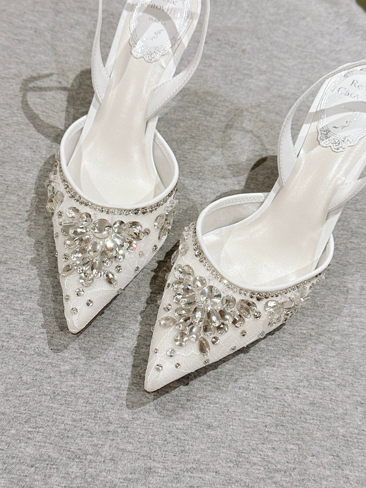 RC 25C Slingback Crystal High Heel 7.5cm White Silk Rhinestones 268080