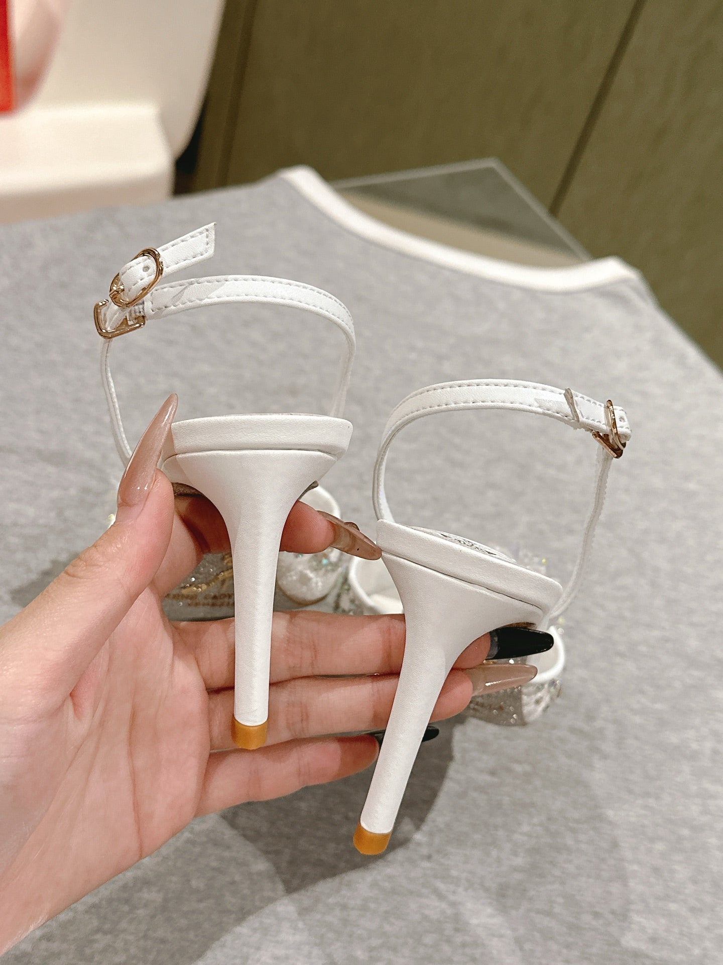 RC 25C Slingback Lace Mesh High Heel 7.5cm White Silk Rhinestones 268082