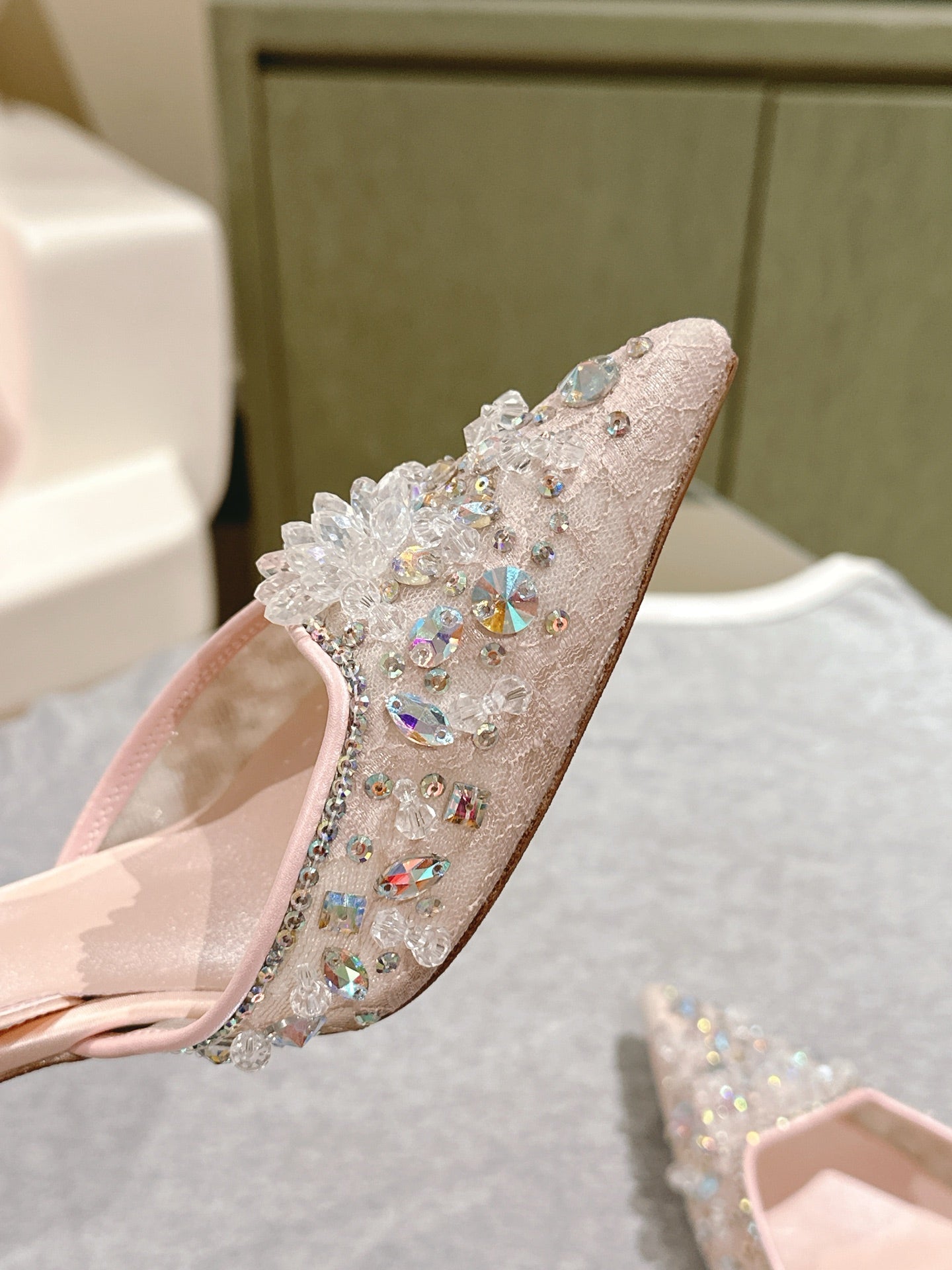 RC 25 Diamond Lace High Heeled Sandals Pink Nude Sheepskin 268056