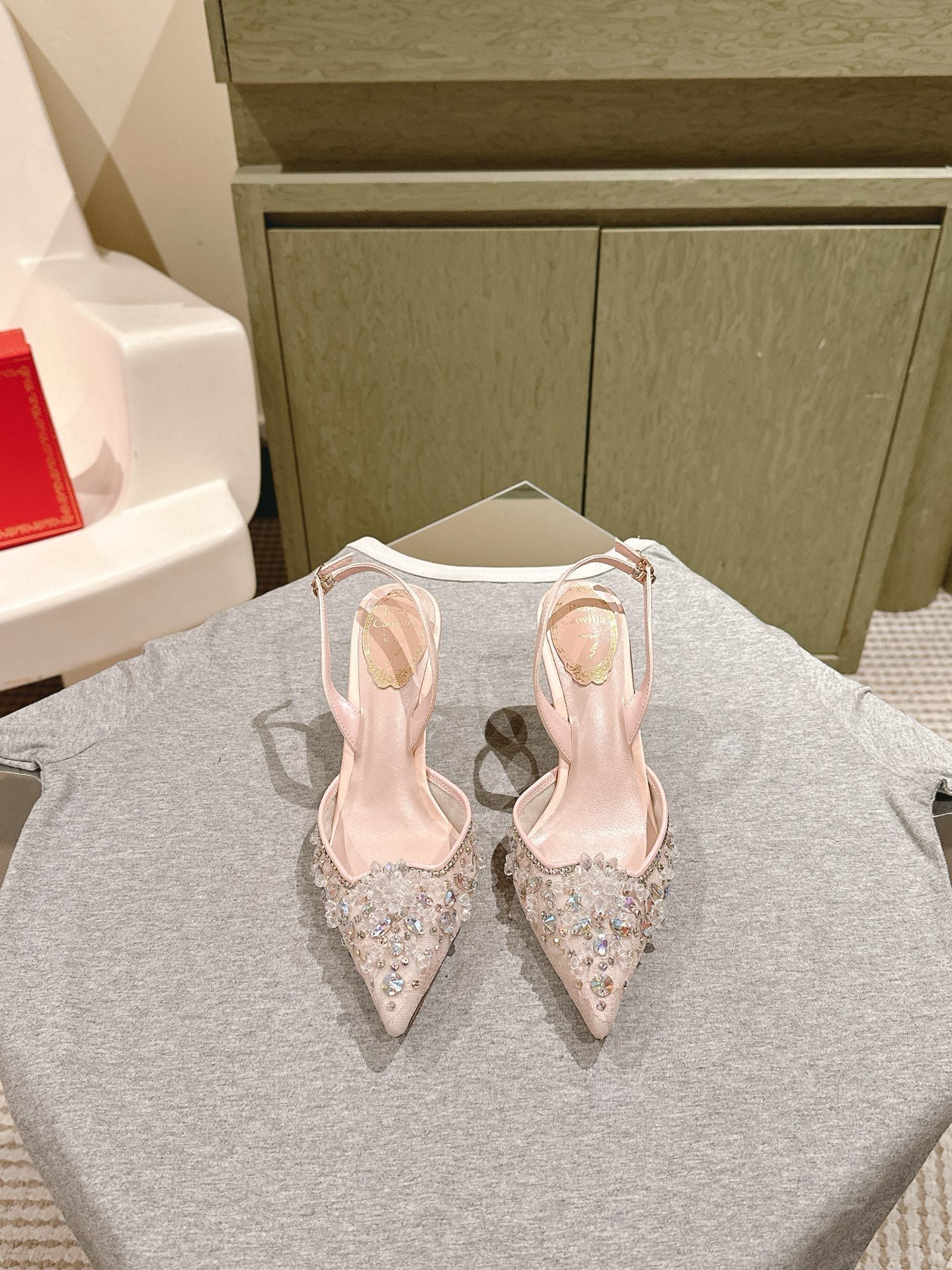 RC 25 Diamond Lace High Heeled Sandals Pink Nude Sheepskin 268056