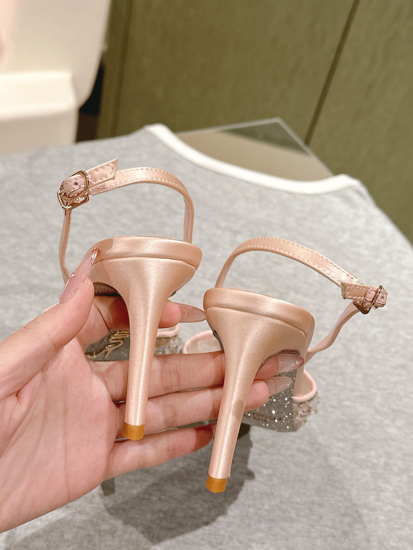 RC 25 Diamond Lace High Heeled Sandals Pink Nude Sheepskin 268056