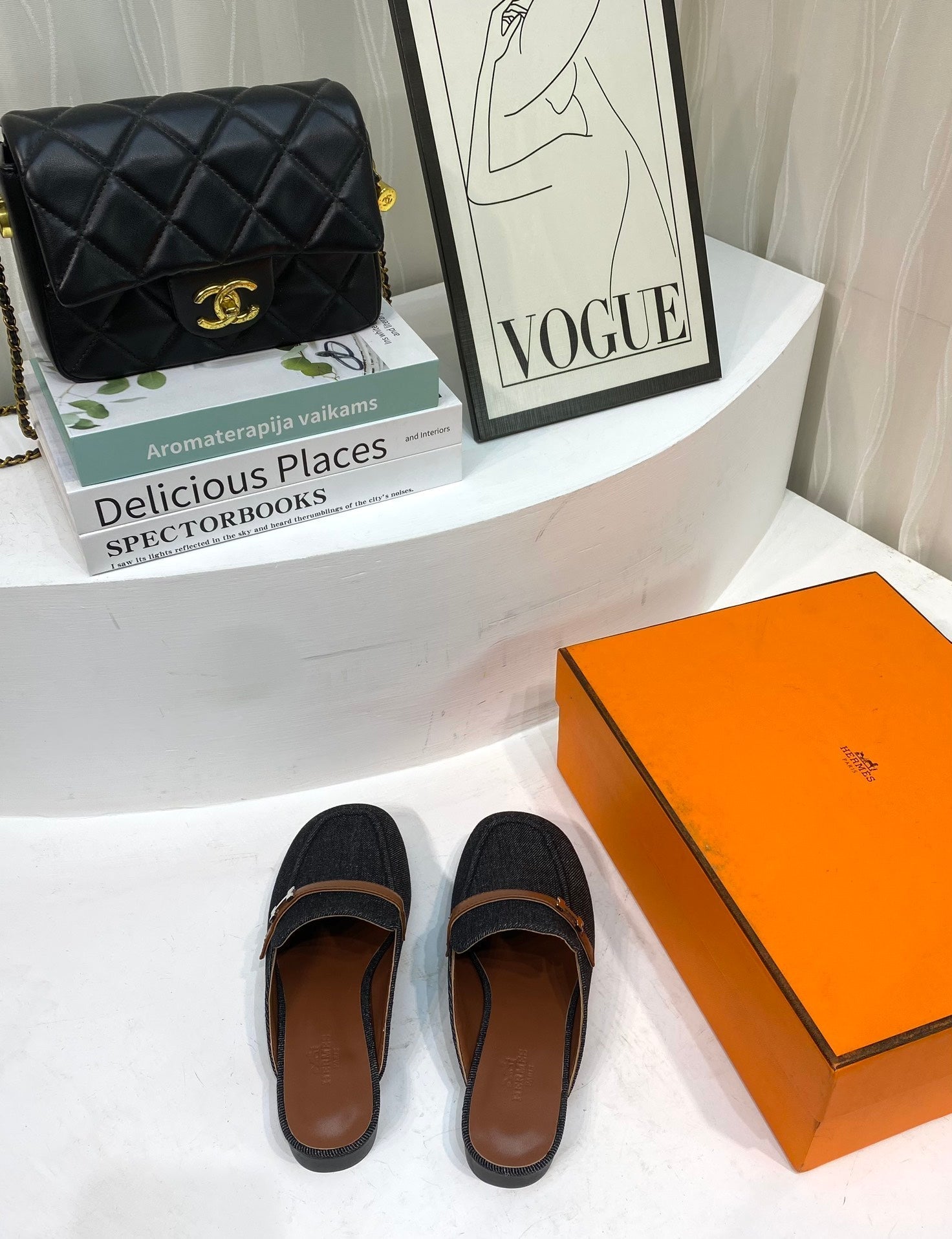 IENA MULE  BLACK CANVAS AND BROWN CALFSKIN