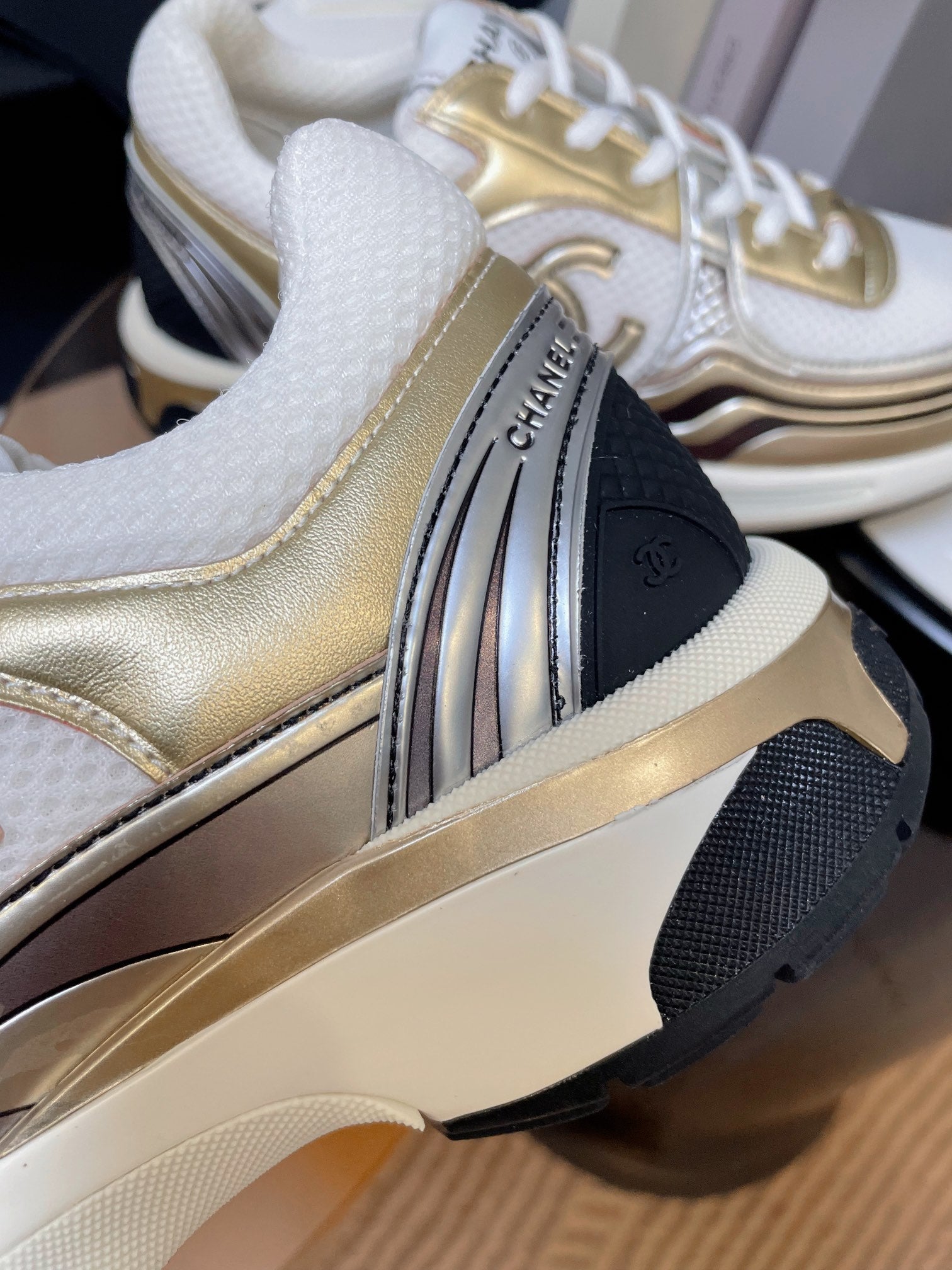 cc classic sneaker white fabric gold metalic calfskin