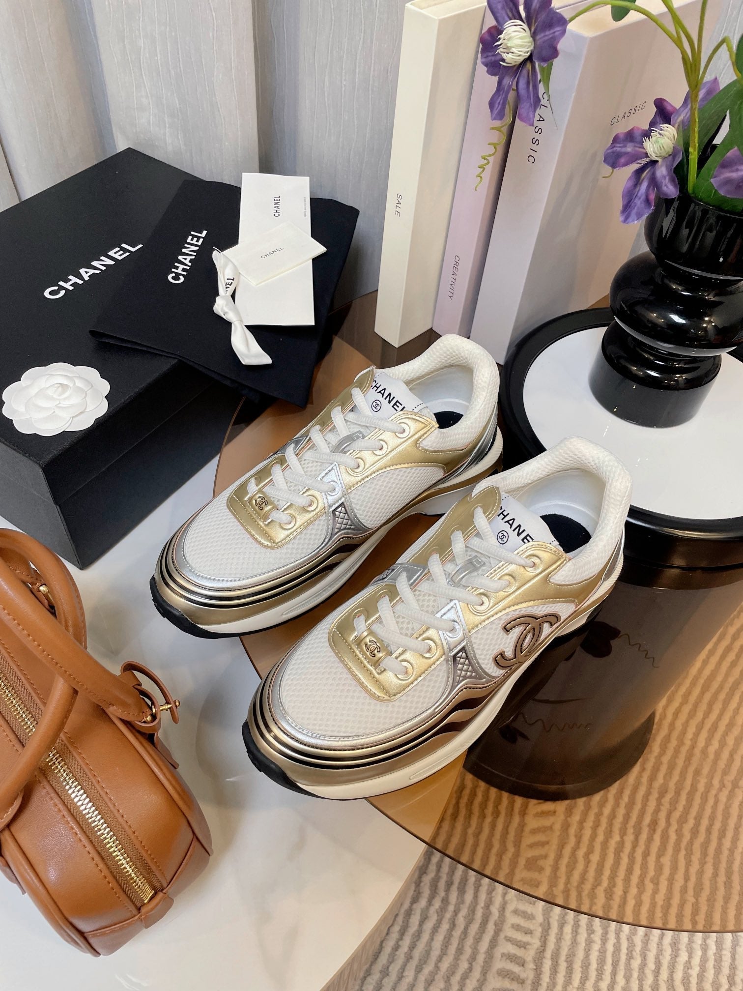 cc classic sneaker white fabric gold metalic calfskin