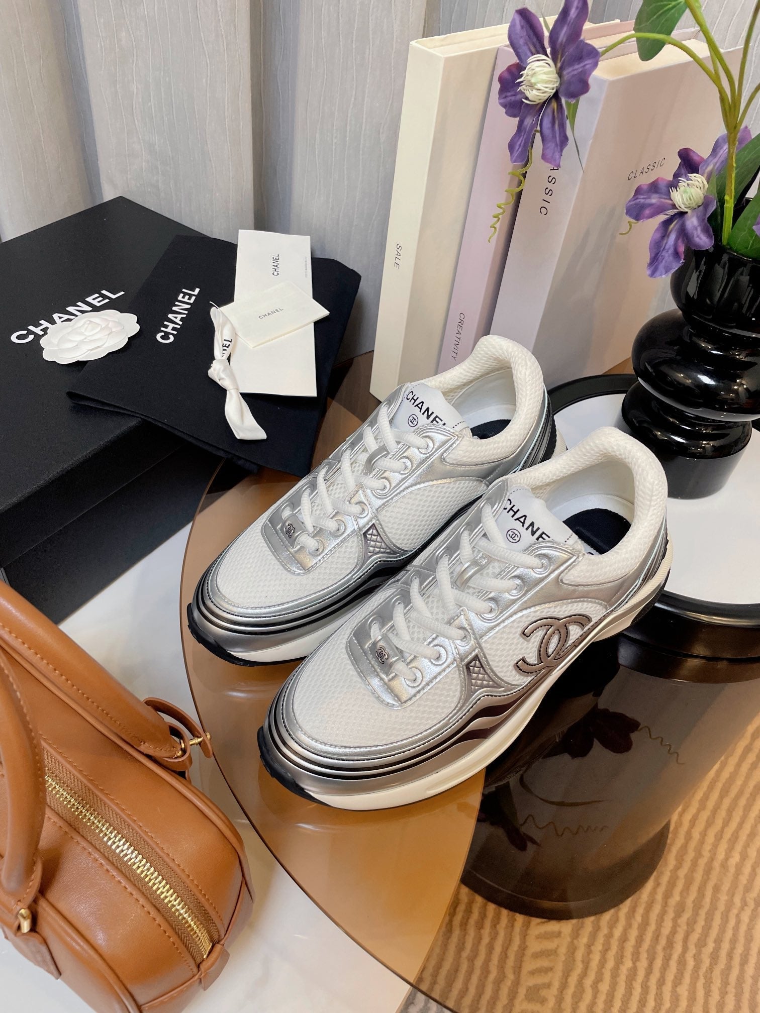 cc classic sneaker white fabric silver metalic calfskin